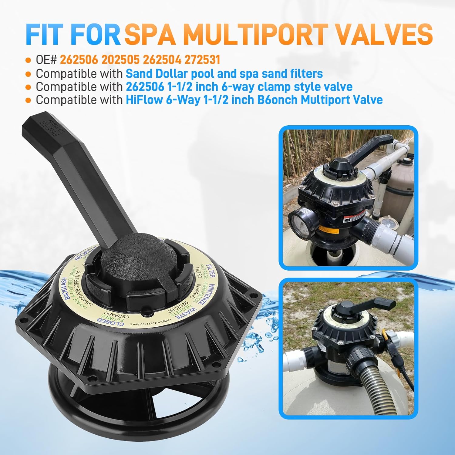 272531 Hi-Flow 6-Way Multiport Top Valve with O-Ring Compatible with Pentair Sand Dollar 1-1/2 inch Pool and Spa Multiport Valve, Replace# 262504 262505 262506