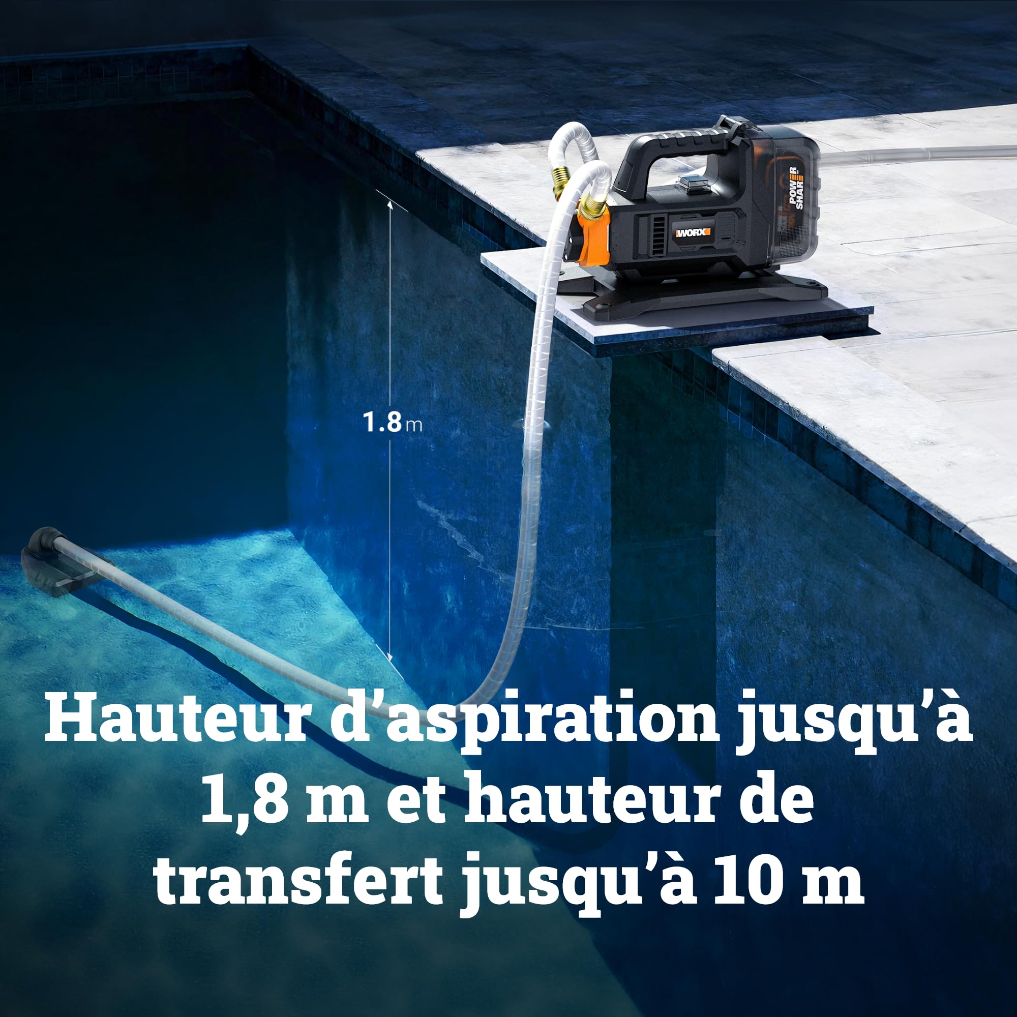 WORX Pompe de transfert sans fil 20V WG830E.9 | Débit jusqu'à 1300 l/h, fonctionnement sans amorçage, compacte et compatible PowerShare