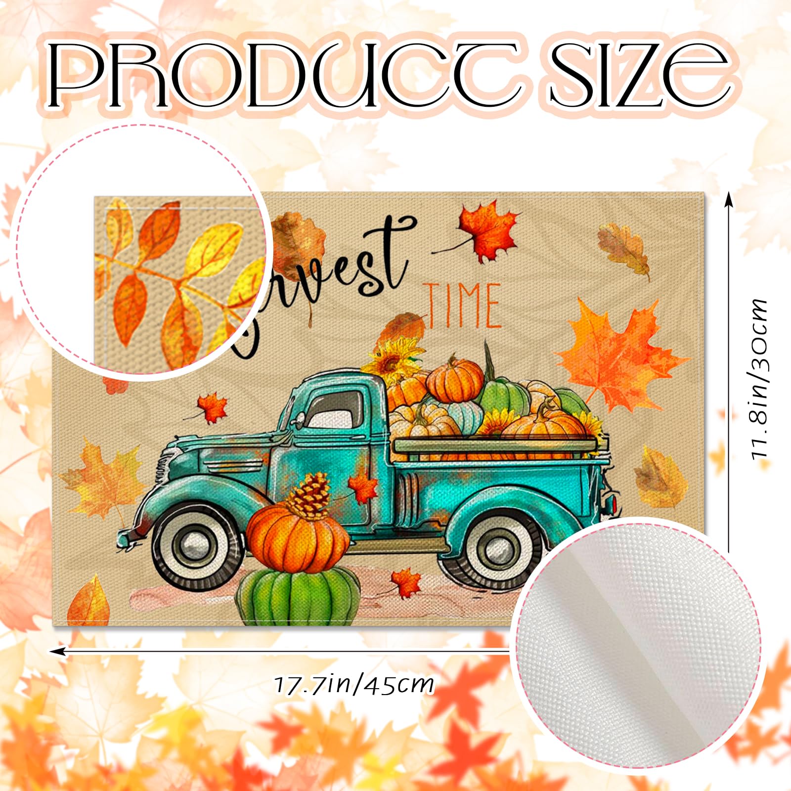 Fall Placemats Set of 6 Hello Fall Pumpkin Maple Leaves Gnomes Car Placemats Dining Table 12 x 18 Inch Seasonal Autumn Harvest Holiday Rustic Vintage Thanksgiving Table Mats