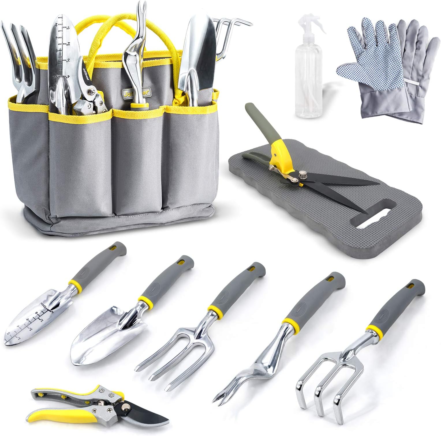 Jardineer 11Pcs Gardening Tools Set - Durable Hand Garden Tools, Knee Pad, Grass Shear, Tote Bag, Spray Bottle, Gardening Gifts for Mom Women Men