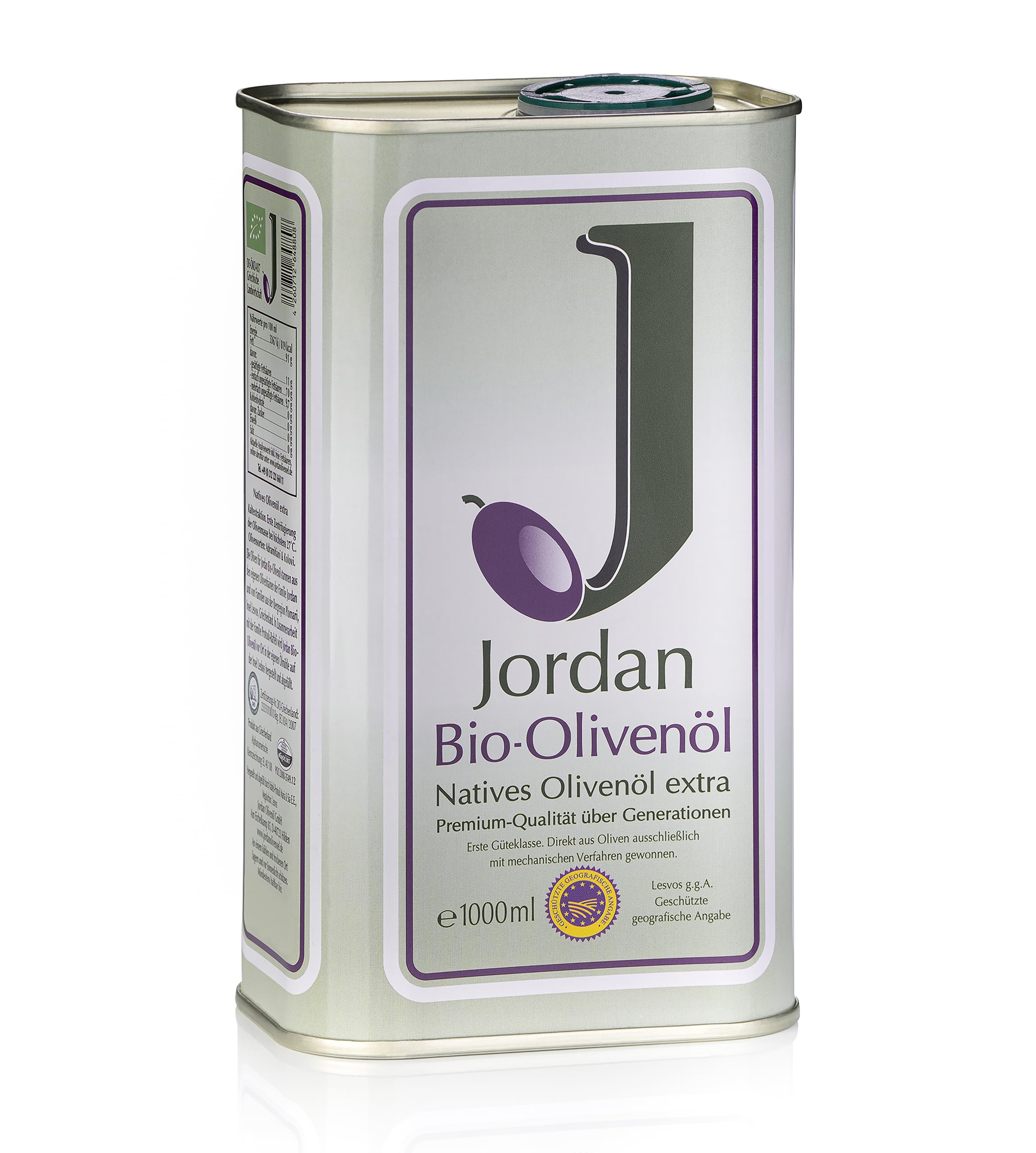 Jordan Olivenöl - griechisches Bio-Olivenöl von der Insel Lesbos - 1,0 Liter Kanister mit integriertem Ausgießer - GR-BIO-01