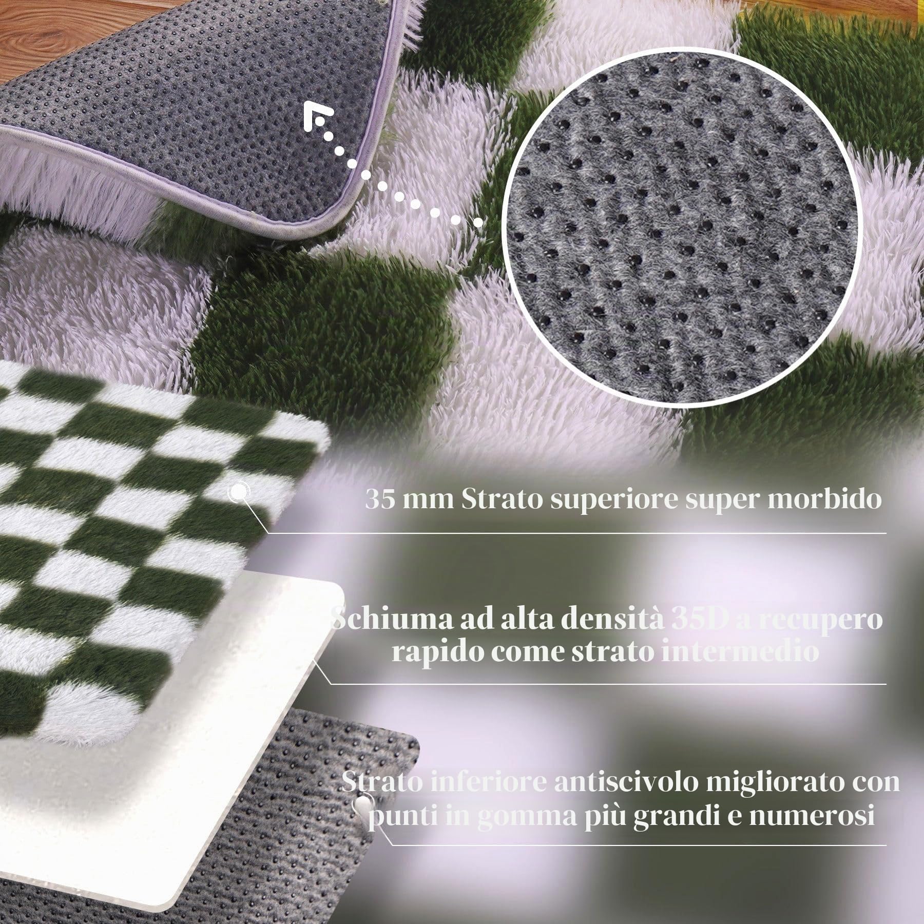 Tappeto a quadretti per soggiorno, 150 x 210 cm, lavabile, per camera da letto, colore verde oliva, soffice pelo lungo, non perde capelli, motivo a scacchiera, per la camera dei bambini