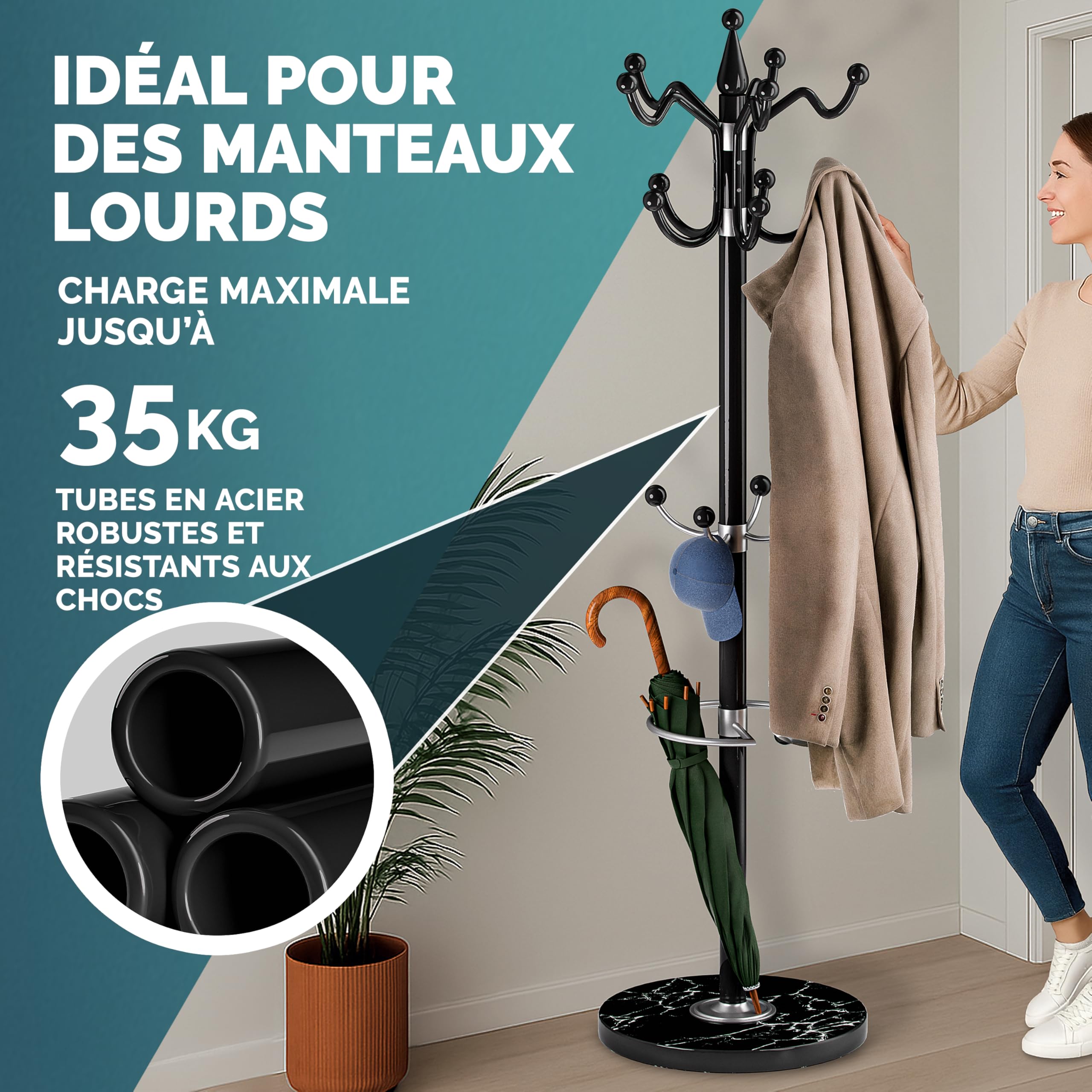 Casaria® Porte-manteau avec socle Noir en marbre 14 crochets 37x37x175cm portemanteau sur pieds stable tête pivotante
