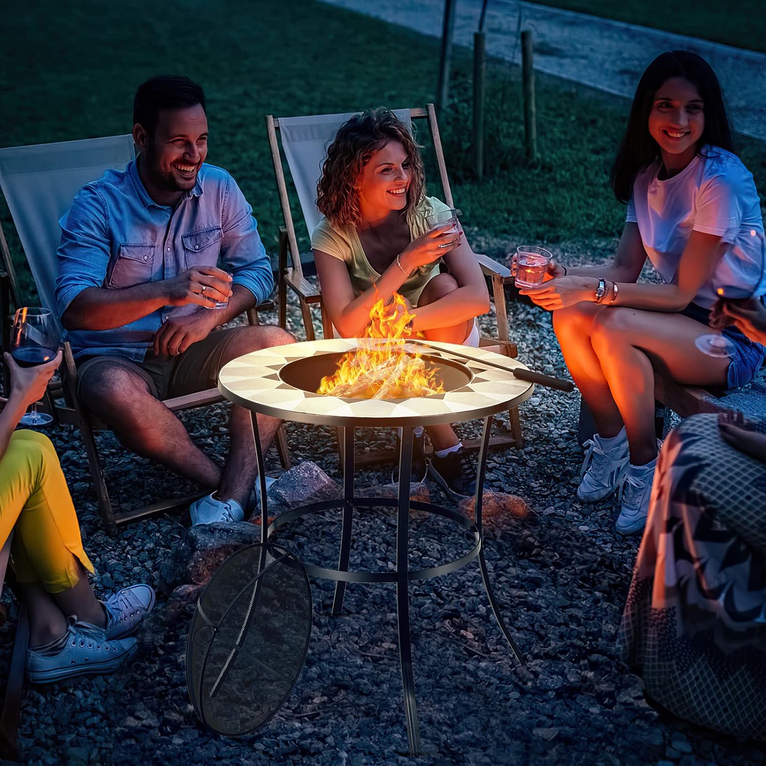 Tangkula Outdoor Fire Pit Table with Tile Tabletop, Small Round Steel Fire Bowl with Screen Cover, Fire Poker, Patio Wood Burning Fire Table for Camping, Bonfire & Outdoor Heating