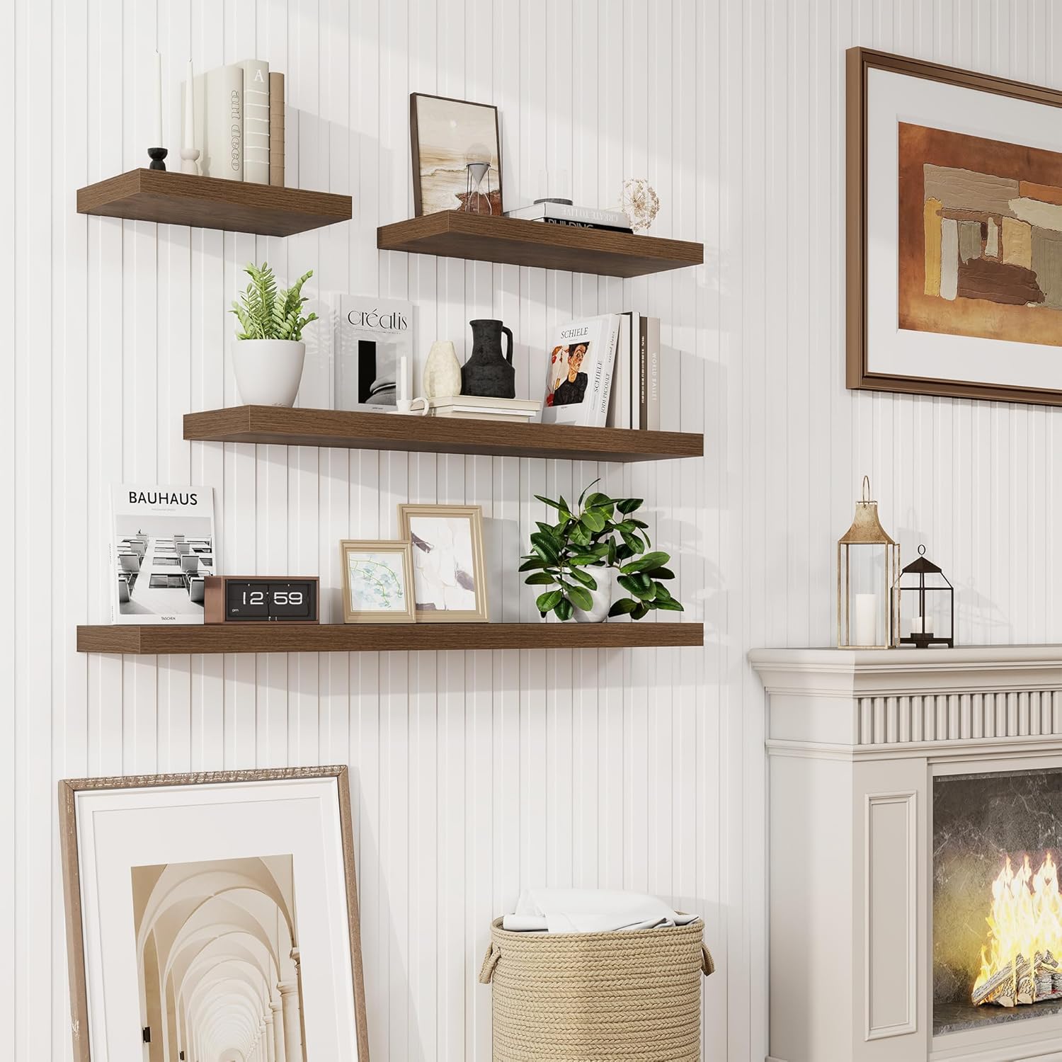 32in floating shelves for wall, 32\\\"w x 9.3d x 1.5 \\\"h, 2 pcs long wall mounted engineered wood shelves with invisible brackets for living room, bedroom, bathroom, kitchen decor and storage, walnut dark walnut with invisible metal brackets 32\\\"w, 2 packs