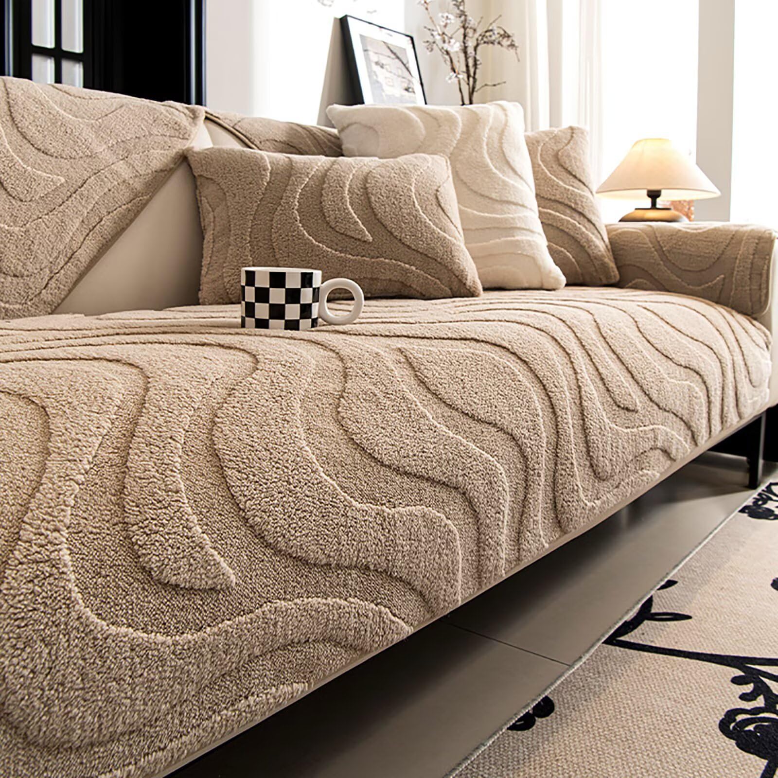 GuihcdknfuS Sofa Covers Washable, Plush Stripe Couch Cover for Sofas, Non Slip Couch Cover, Settee Covers L Shape, Sofa Slipcover for Pet Dog Furniture Protect, khaki, 90 * 210cm