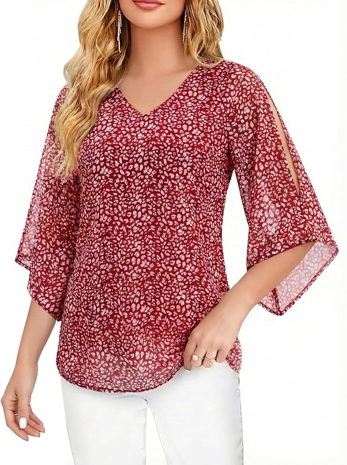 Blouse for Women Dressy Casual Summer Chiffon 3/4 Sleeve Tops Business Work Shirts Double Layered Tunic Evening Party