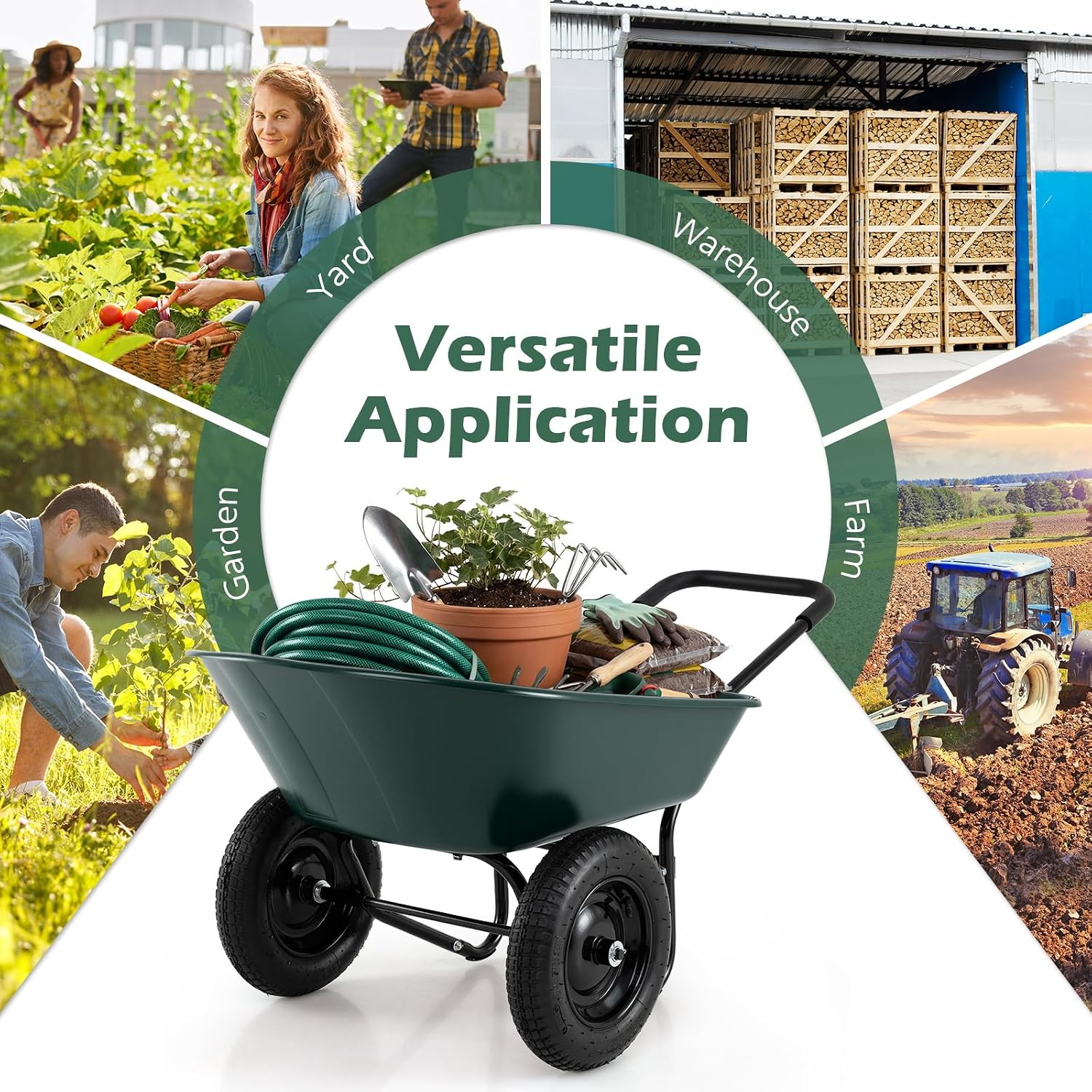 Giantex Dual-Wheel Garden Cart, 330LBS Heavy Duty Wheelbarrow, 2 Wheel Wagon Utility Cart for Outdoor Yard Lawn Gardening Construction Use, Dark Green