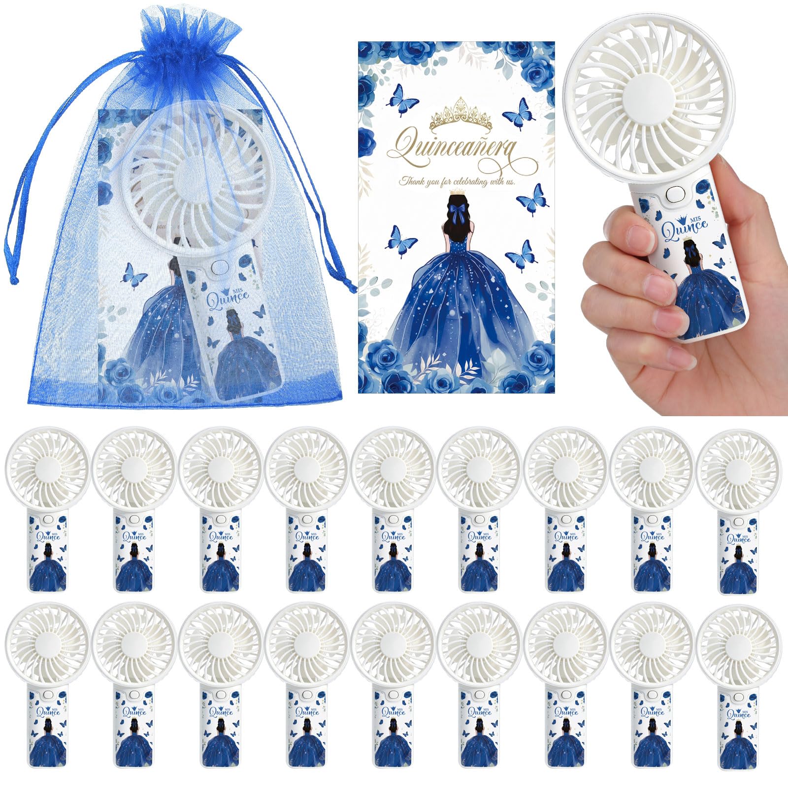 Éventail électrique bleu roi lot de 25 ventilateurs de poche avec pochette organza mariage fête