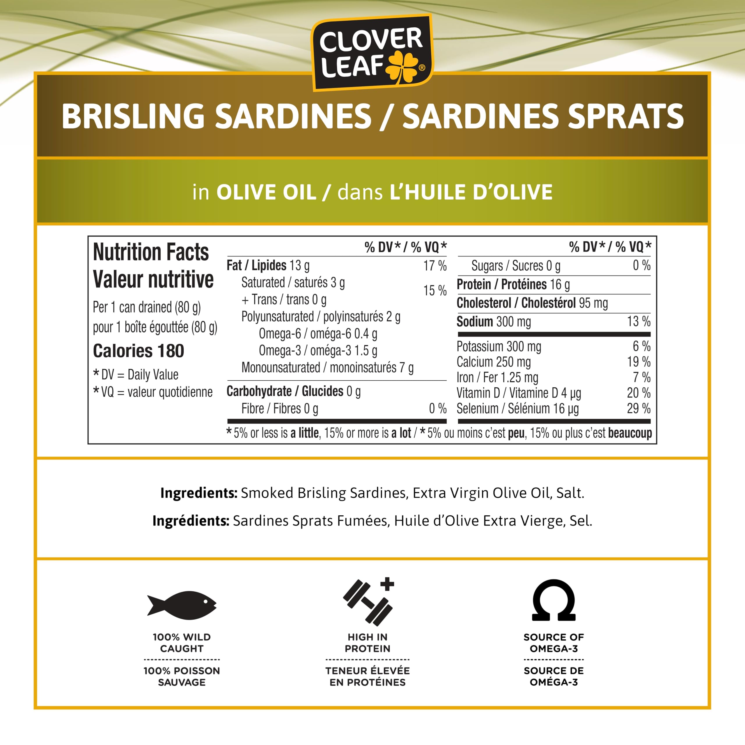 Clover Leaf Brisling Sardines in Olive Oil - 106g, 12 Count - Canned Fish - High in Protein, 16g Per 80g Serving Drained - Source of Omega-3, Iron, Vitamin D, Calcium - 3