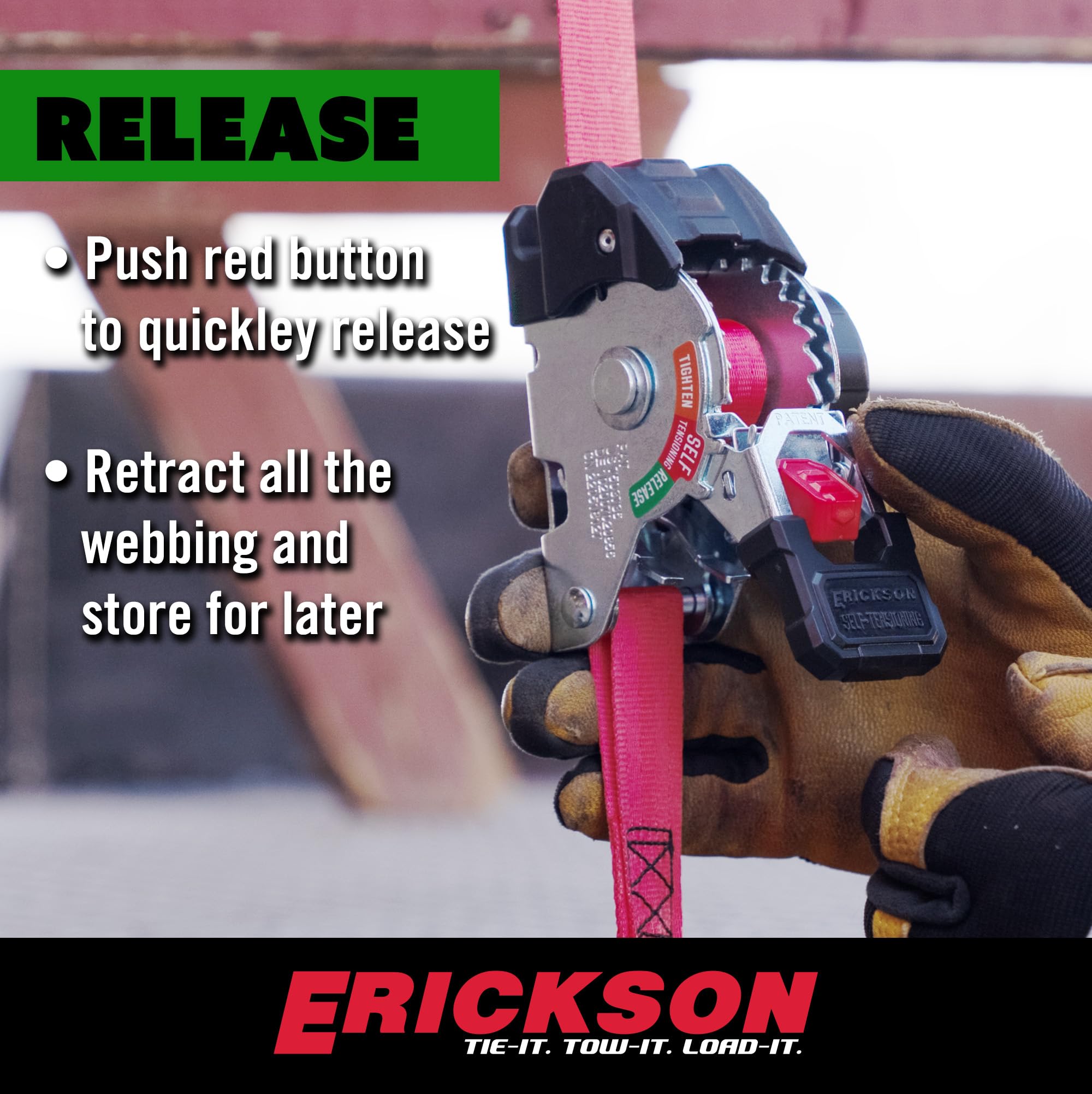 Erickson Sangle à cliquet rétractable auto-tendue 2,5 cm x 3 m, résistance à la rupture de 680,4 kg, conception de tension automatique, crochets en S avec bouton-pression de sécurité