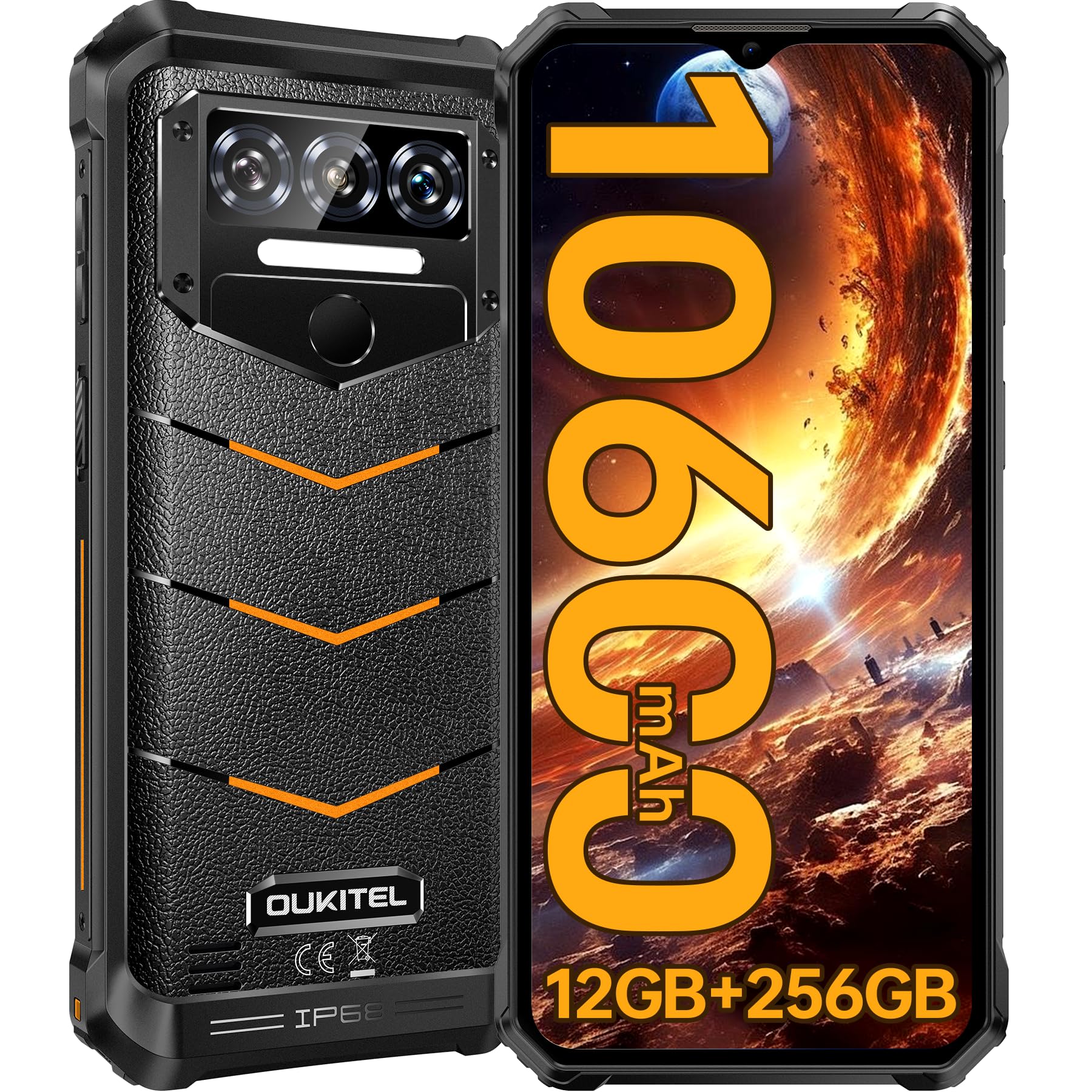 OUKITEL WP38 Rugged Smartphone 2024, 10600mAh Telefono Indistruttibile, 12GB+256GB/1TB telefono rugged, 13MP+5MP Cellulare Antiurto Android 13, 6.52" HD+ IPS, Dual SIM 4G/Face ID/NFC/GPS, Arancione