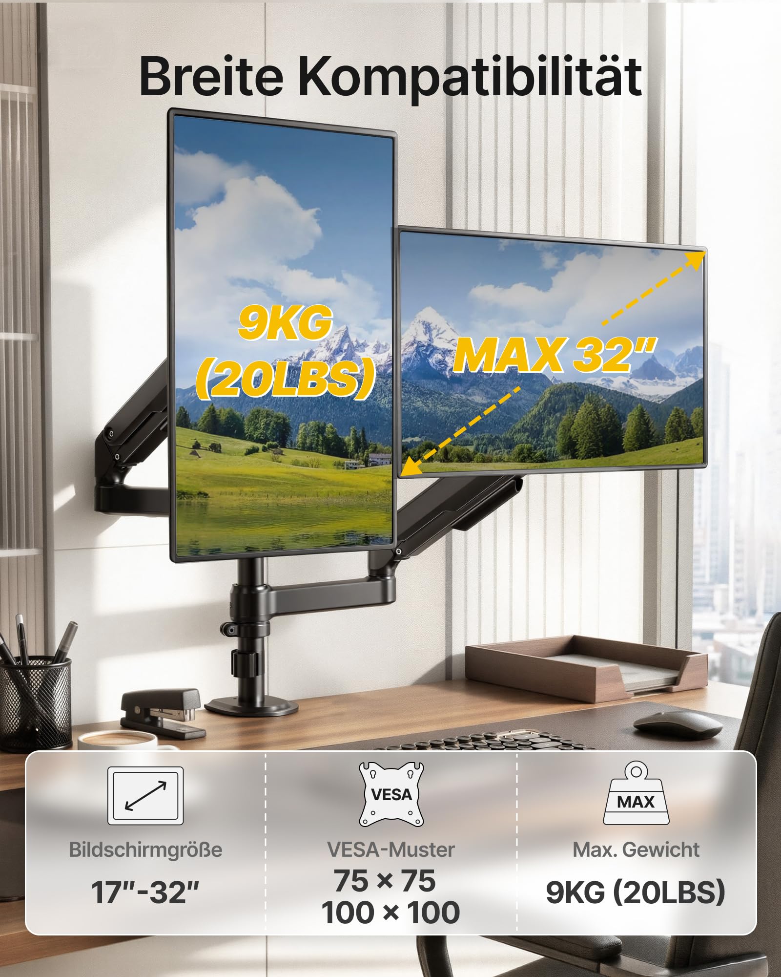 monTEK Doppel Monitor Halterung 17–32 Zoll, bis 9 kg pro Arm | VESA 75x75/100x100 mm,vertikale & parallele Bildschirmhalterung, schwenk- & rotationsfähig Monitor Halterung 2 Monitore