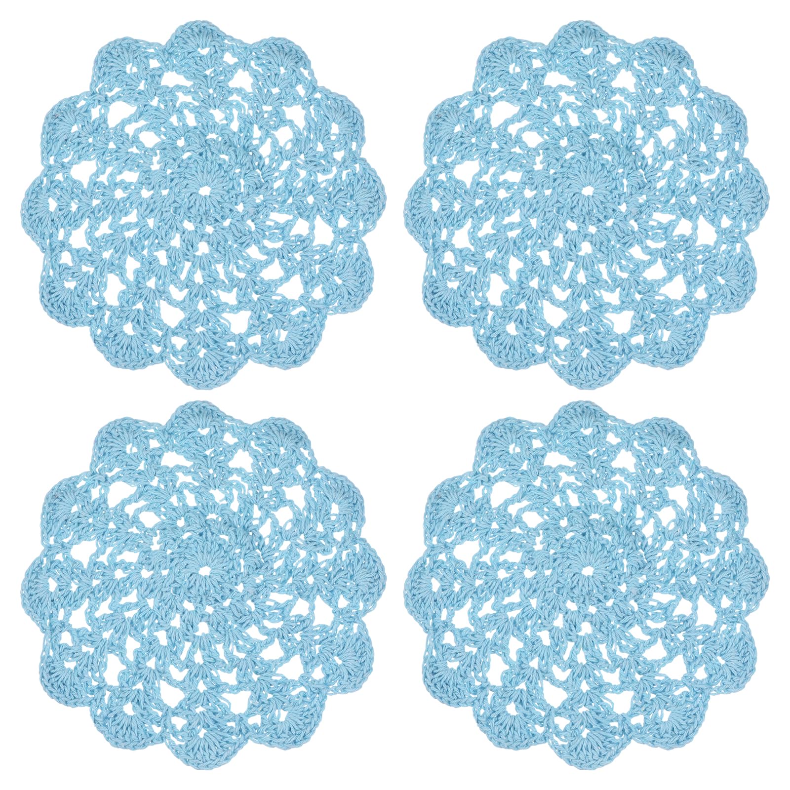sourcing map 4Pcs Crocheted Cotton Doilies, 14cm Lace Doilies for Tables Cloth Lace Placemats Handmade Tray Doilies Round Cups Coasters for Glasses Crafts Kitchen Dining Room, Light Blue