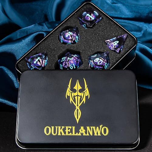 Miniatura 6 de OUKELANWO Sharp Edge - Juego de dados DND con núcleo líquido con caja, 7 piezas de dados poliédricos D&D de Calabozos y Dragones, D&D flotantes, RPG