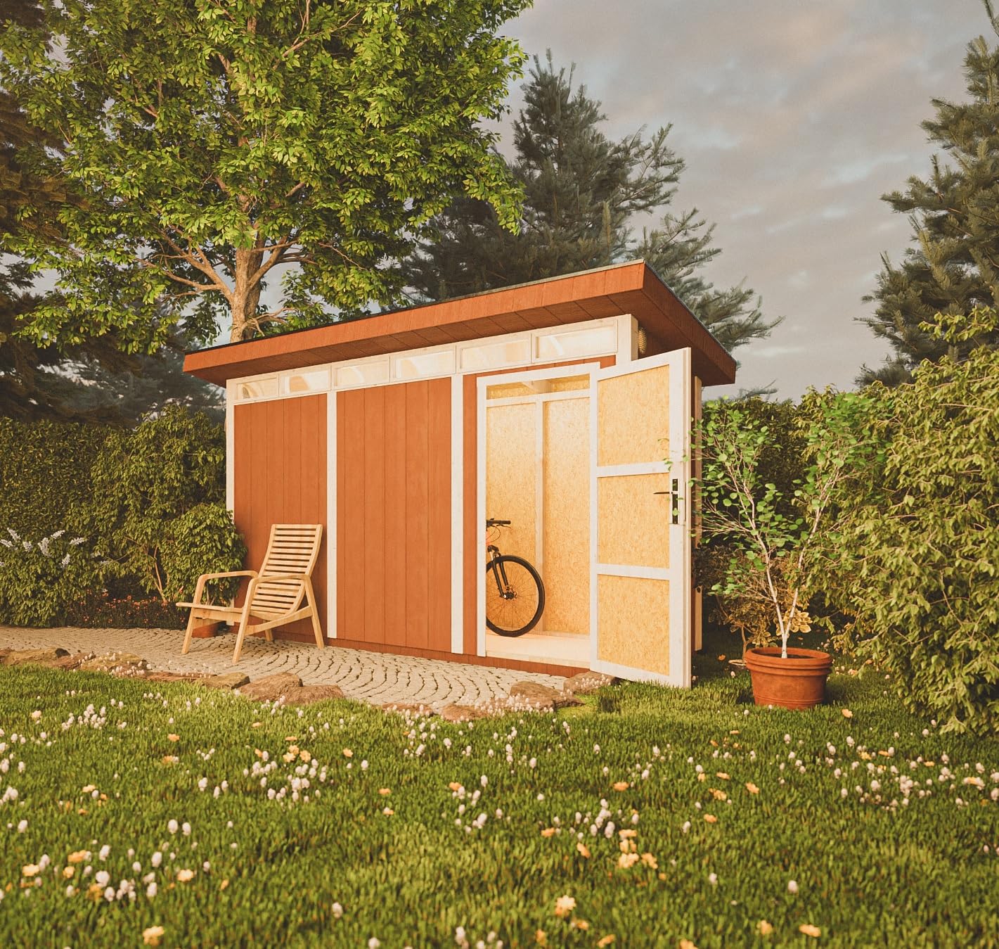 Domek narzędziowy 4,3 m² - Dł. 161 x Szer. 411 cm - Zestaw all-inclusive z podłogą, dachówką bitumiczną, zestawem do malowania - Wykonany z płyt drewnopochodnych LP Smartside - M902 TERRA BROWN