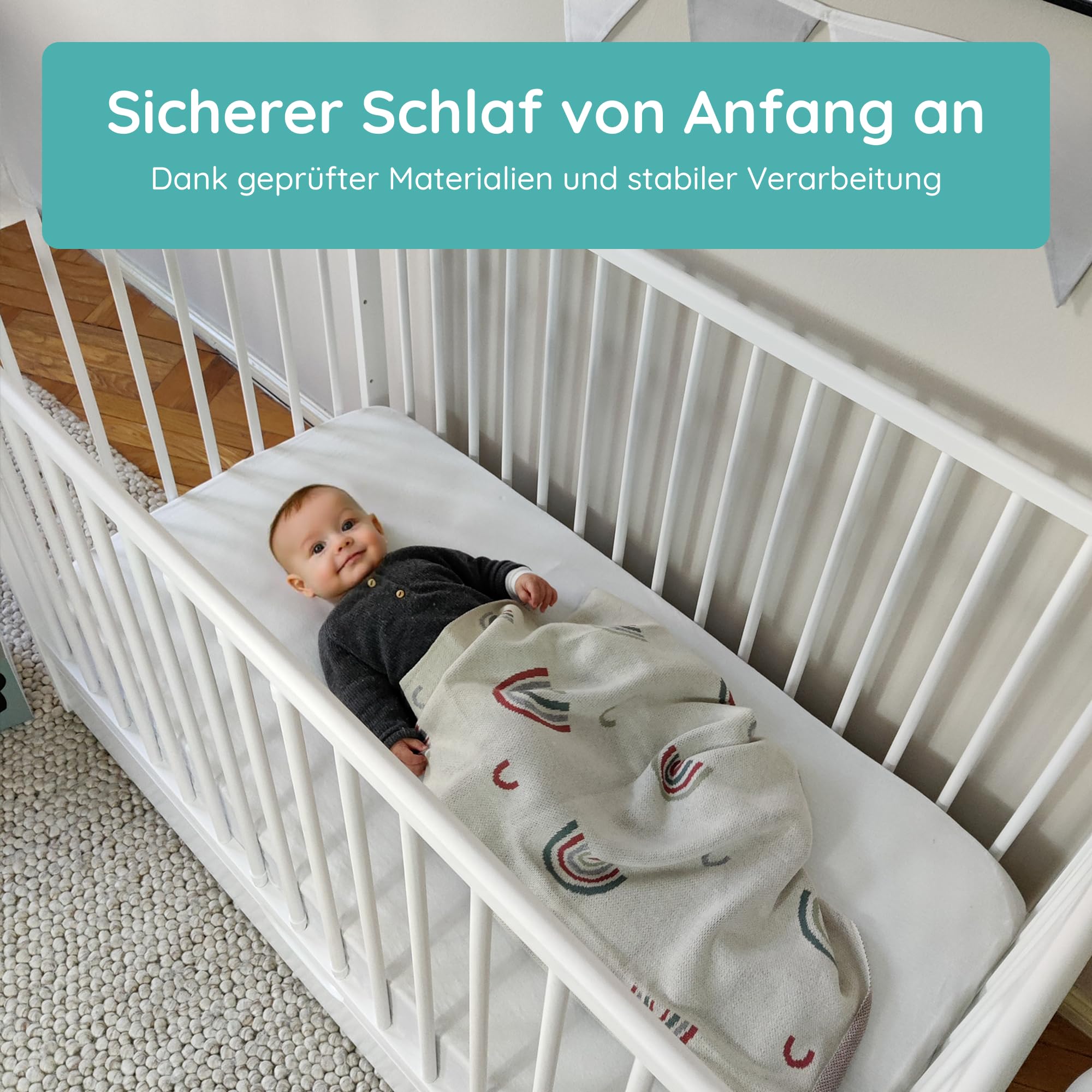 Kids Collective Babybett Kinderbett 60x120 cm Gitterbett Baby Bett Komplett-Set Beistellbett mitwachsend, Lattenrost höhenverstellbar mit abnehmbaren Sprossen, mit Schublade | Kiefer-Vollholz | weiß