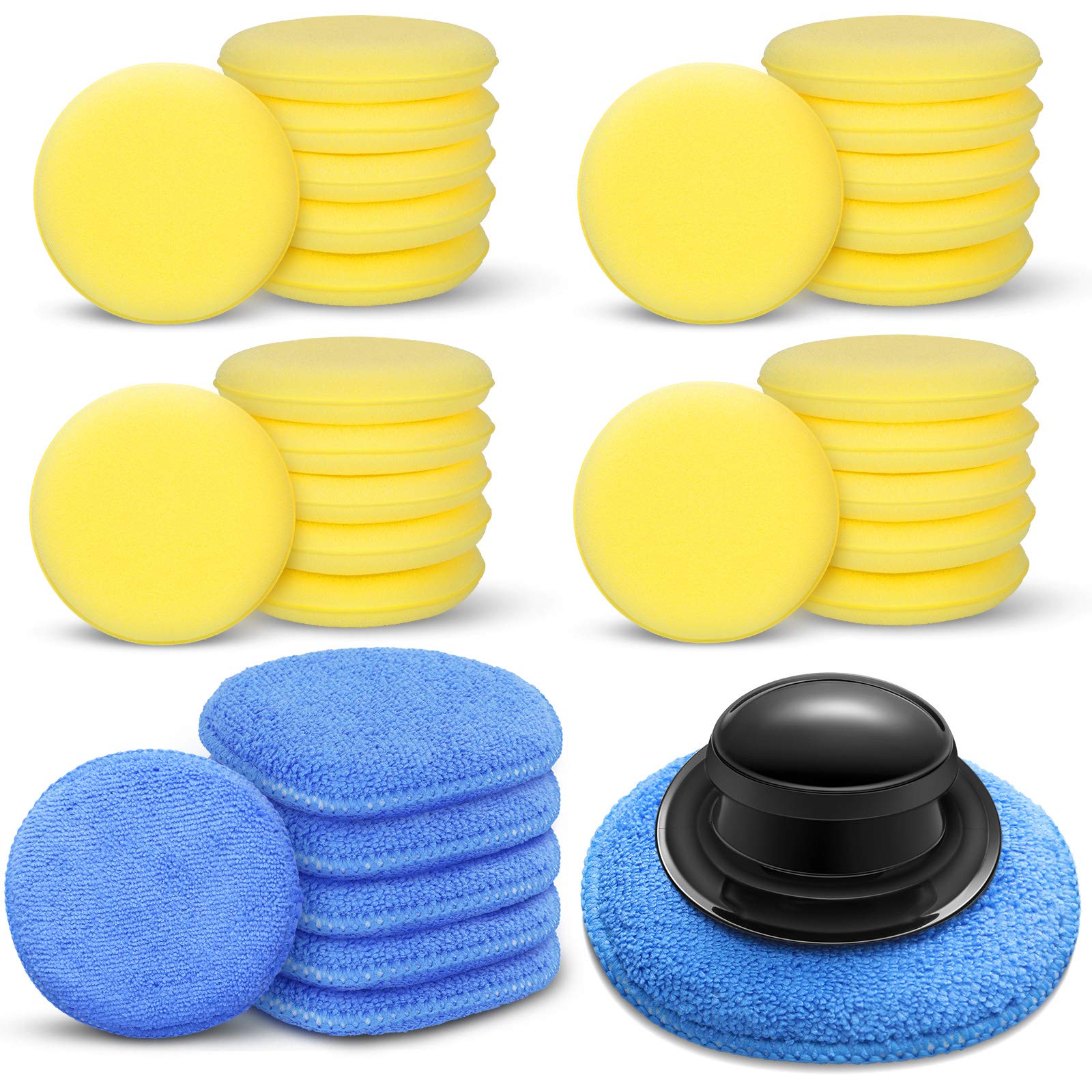 30 Pieces Applicator Cleaning Pads Yellow Car Polishing Pads Car Blue Wax Applicator Pads Soft Buffing Sponge Pads with Handle for Cars Polishing and Waxing
