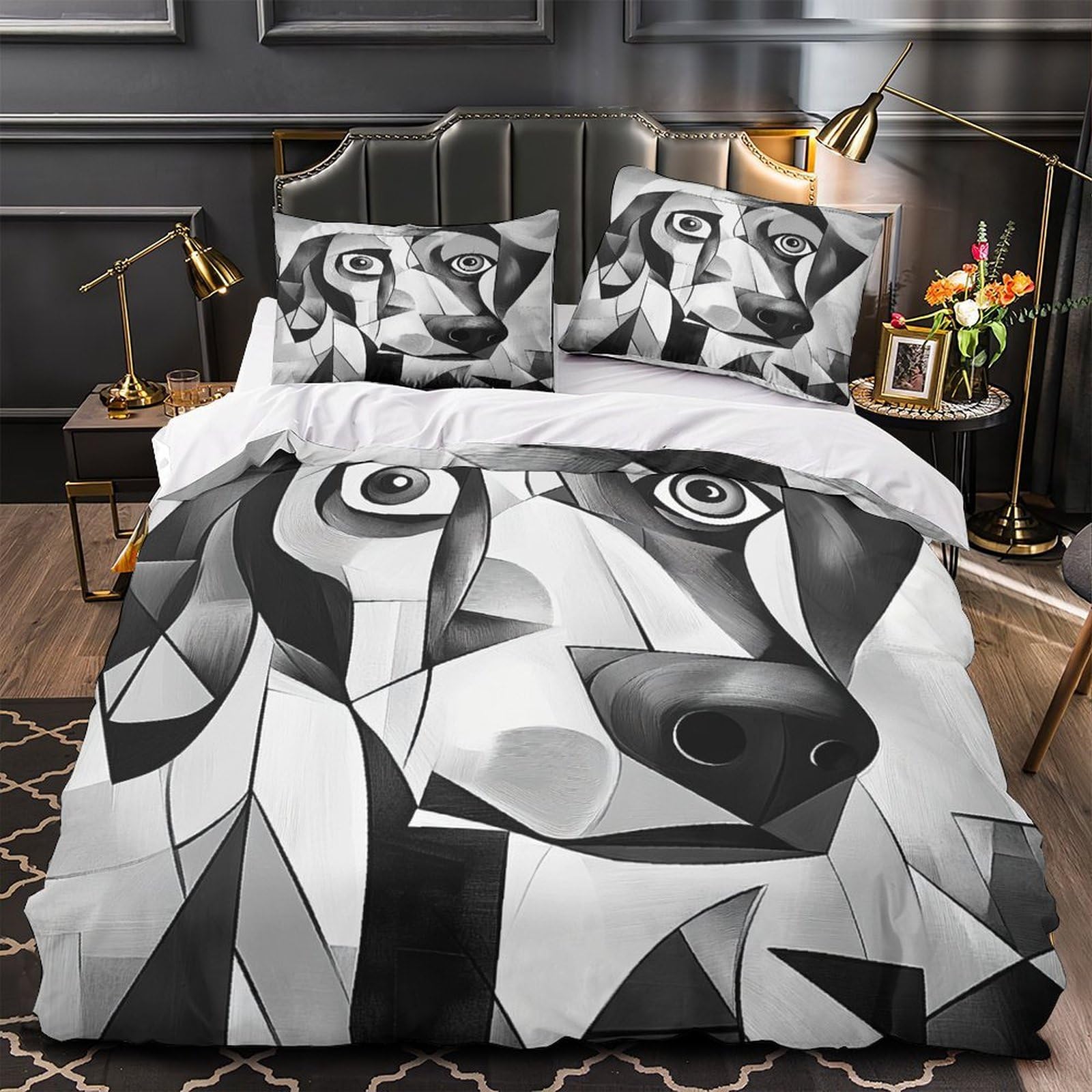 Parure de couette portrait de chien 3D en microfibre premium 260x220 cm avec éclair caché