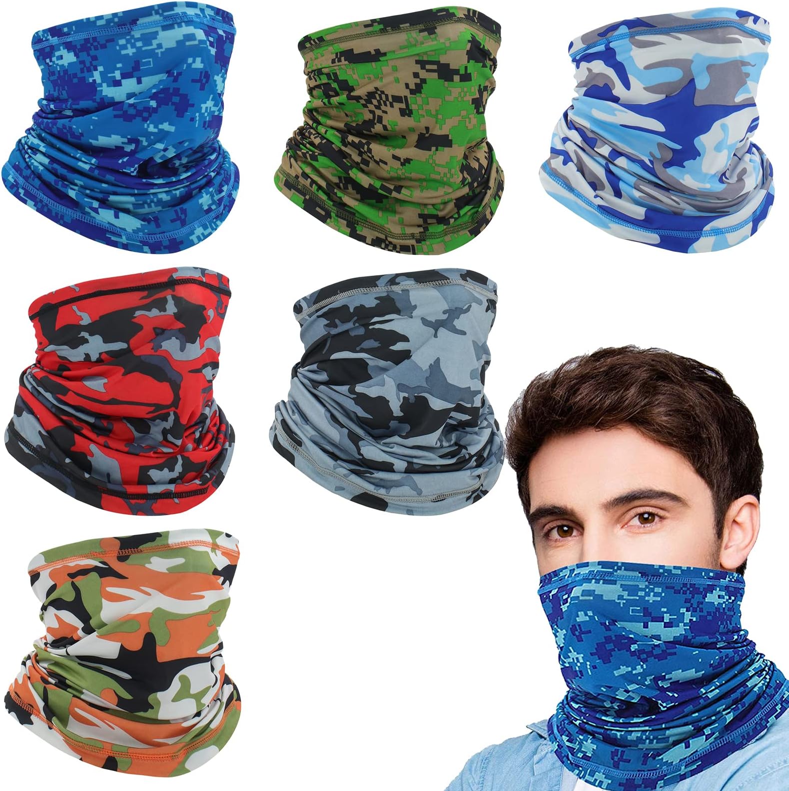 6 Pack Multifunctional Headwear Bandana Snoods Washable Face Coverings Neck Scarf Headscarf, Men Windproof Neck Gaiter Scarf for Sports Outdoor Fishing Cycling