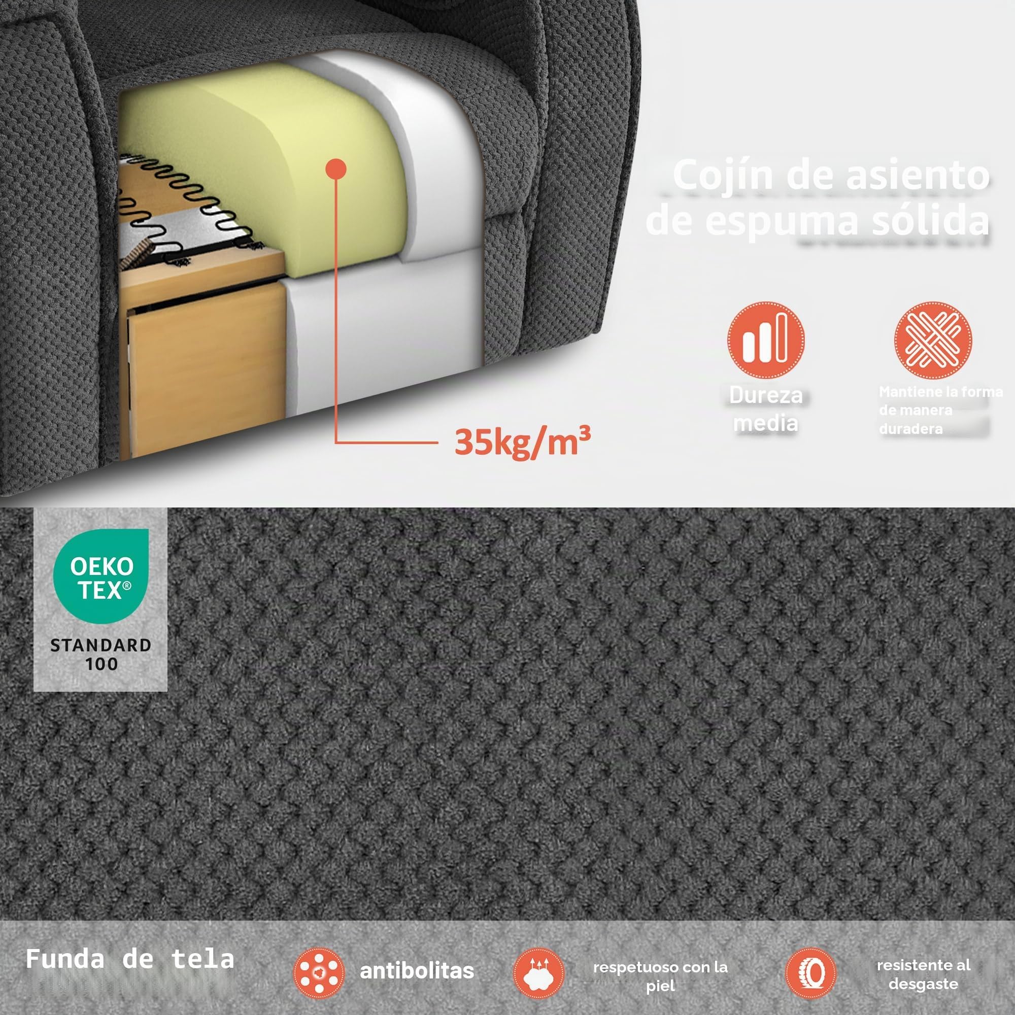 M MCombo Sillón eléctrico con Ayuda para levantarse, con Masaje y calefacción, sillón de Relax con función reclinable hasta 145° 35D, cojín de Espuma Completa, Soporte Oculto 7252 (Tela, Gris Oscuro)