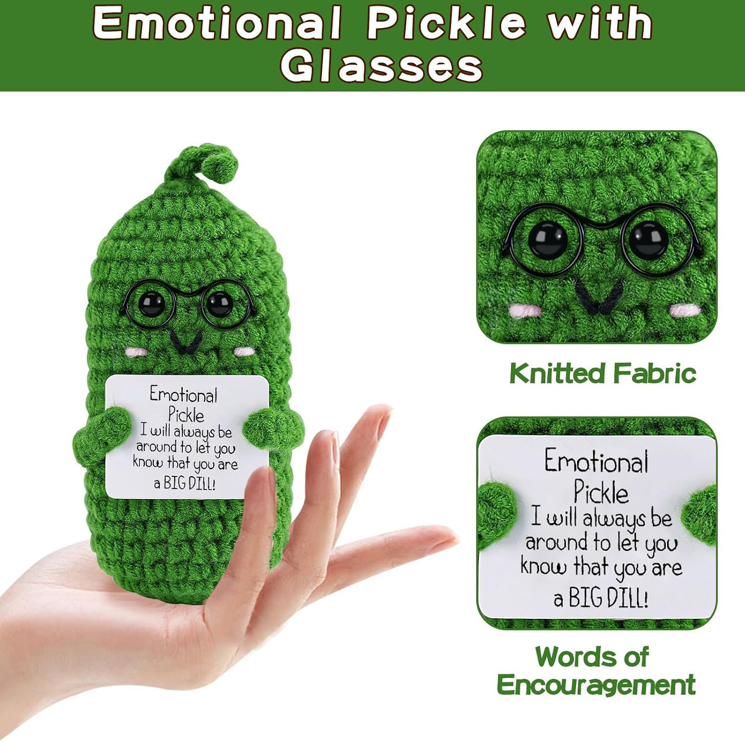 Hoedia Crochet Pickle Dolls Friend Birthday Easter Gifts for Her Women Wife Girlfriend Sister from Husband Men, Cute Funny Gifts for Coworkers Student Teacher Roommates (Pickle with Glasses)