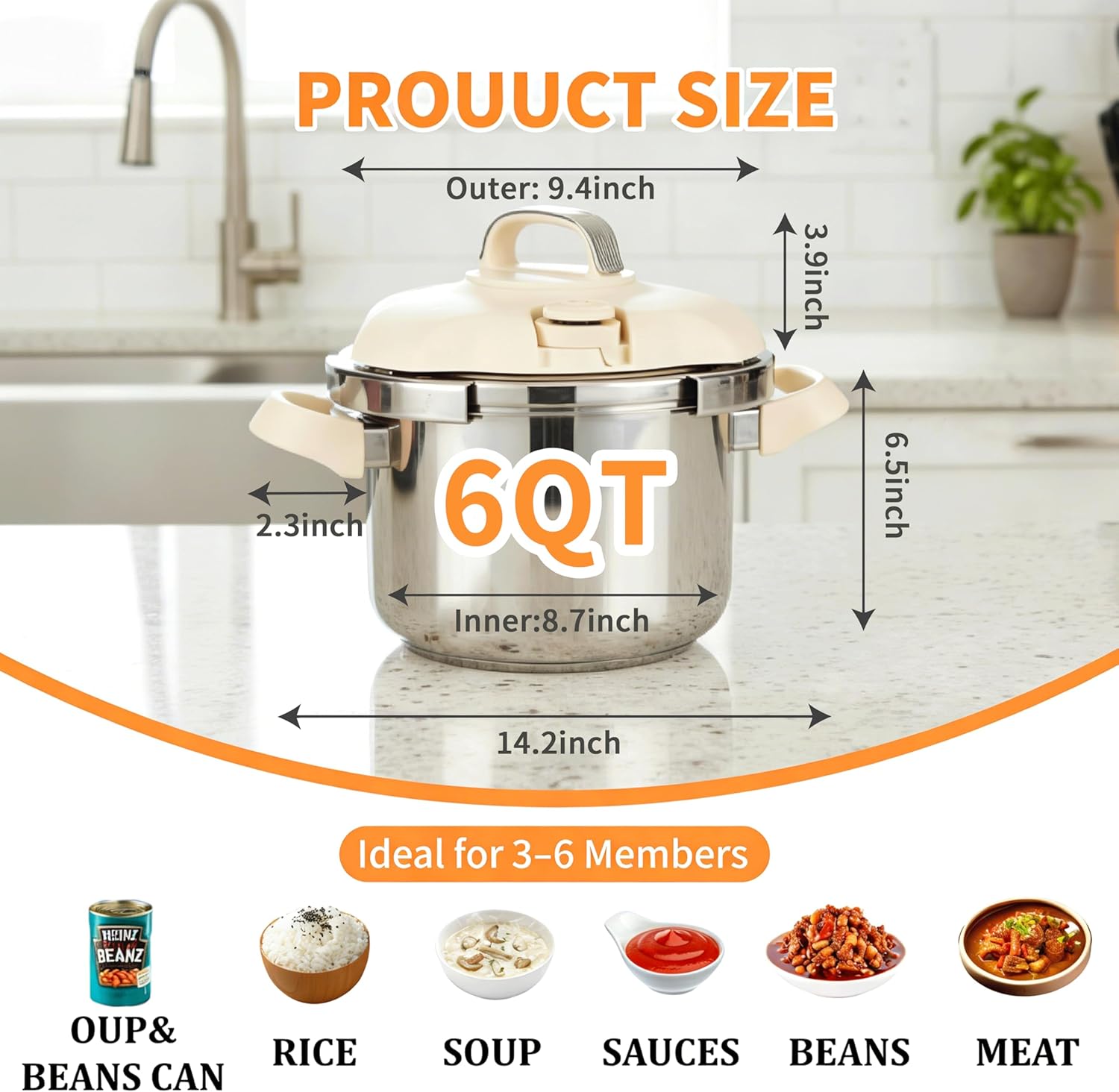 Pressure Cooker Stainless Steel Olla de Presion, 6 Quart, Pressure Canner 3-In-1 Stovetop Pressure Pot with Glass Lid & Steamer, One-Hand Locking, Induction & Gas Compatible