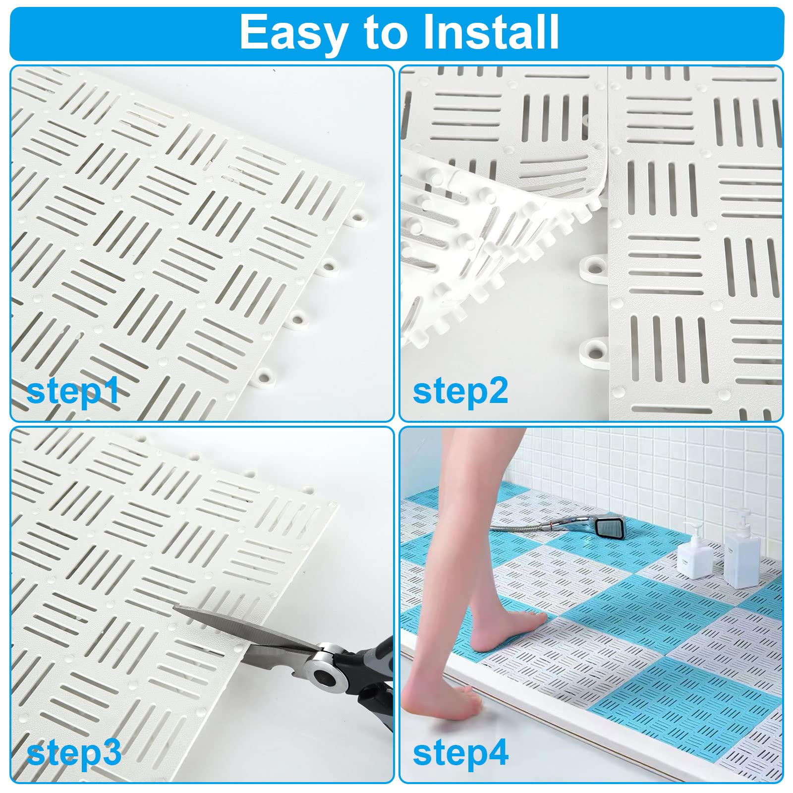 Lot de 12 dalles de sol emboîtables en caoutchouc PVC pour sol, tapis de douche modulaire emboîtables pour baignoire, terrasse, drainage, piscine, terrasse, balcon, niche, blanc 30,5 x 30,5 cm