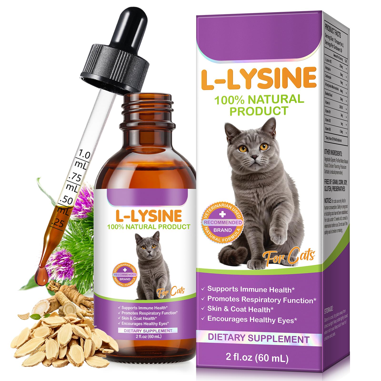 Gotas de L-lisina para gatos 60 ml – Natural Sabor Pollo, 250 mg por dosis, apoyo inmune y respiratorio, ayuda a la salud ocular y a las manchas de lágrimas
