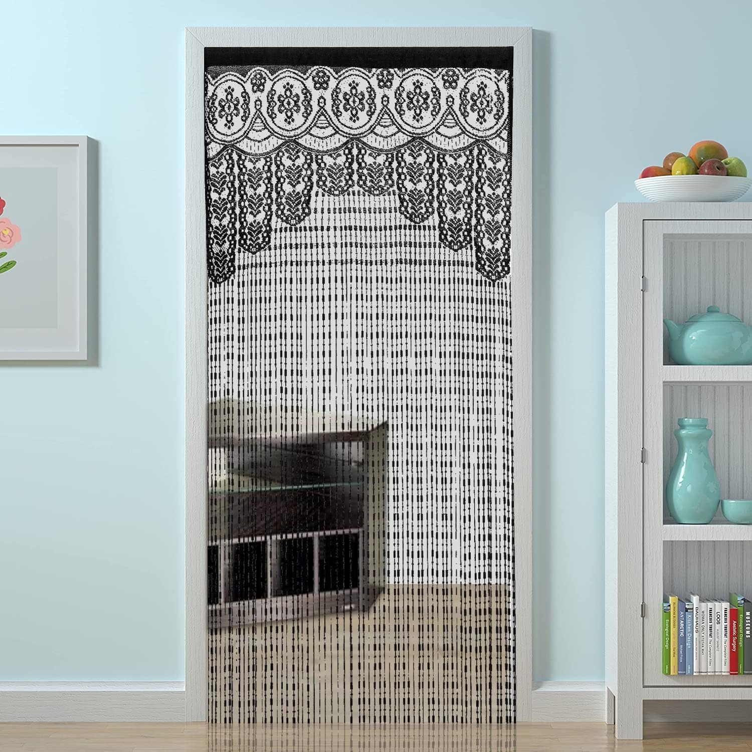 String Door Privacy Lace Curtain Macrame Boho Doorway Window Curtains for Wall Divider Windows Door Covers Decorative Room Separation (35×79in/90×200cm,Black)