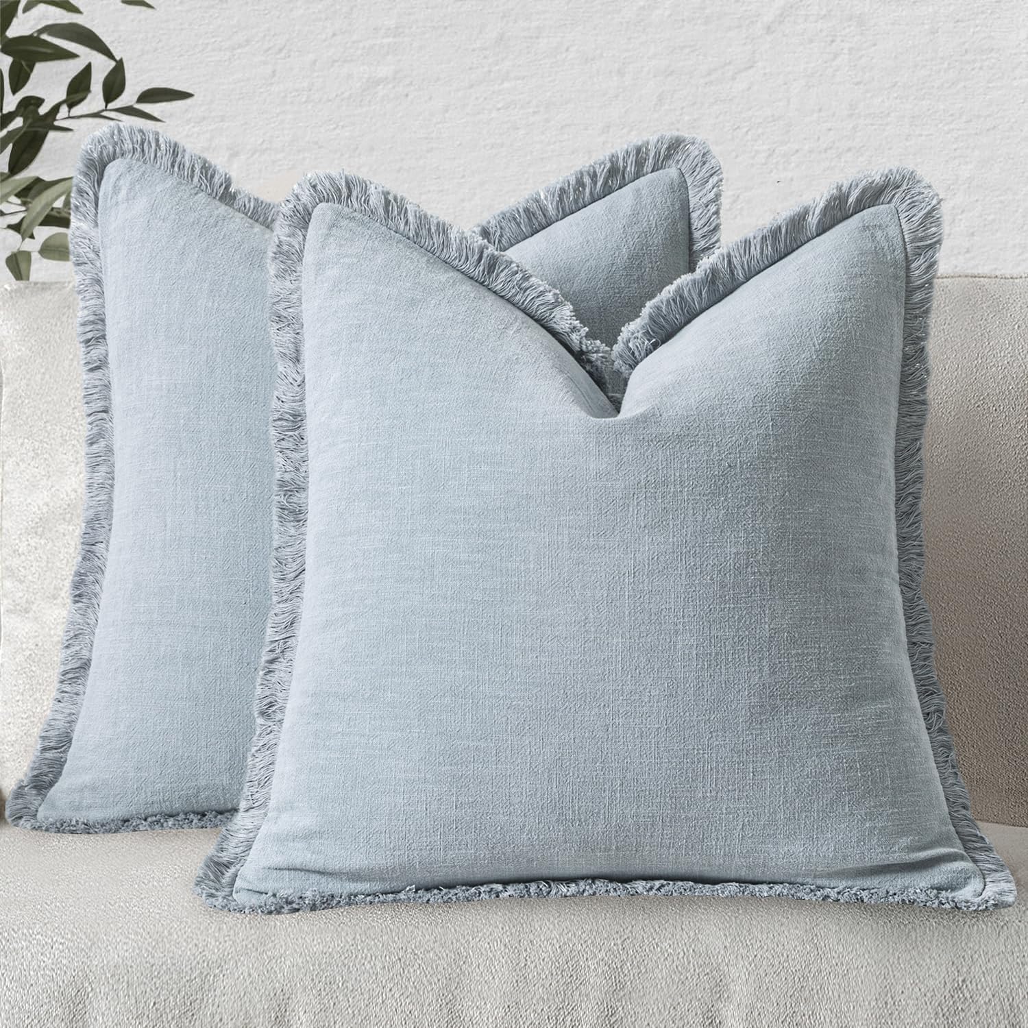 MIULEE Boho Linen Fringe Decorative Throw Pillow Covers Sky Blue 20x20