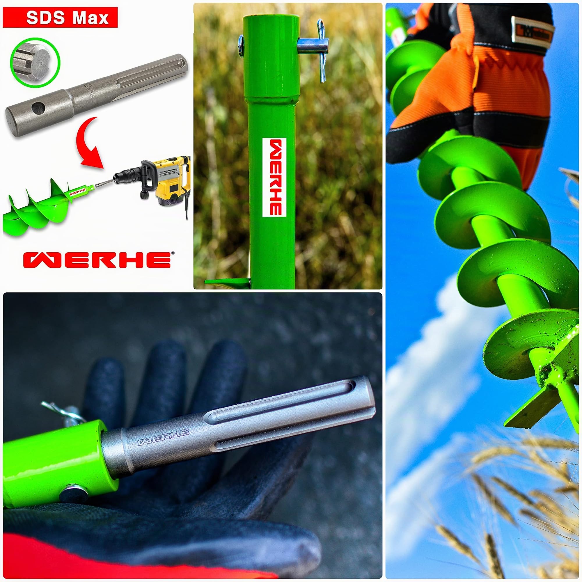 WERHE Trivella per terra 300 mm con adattatore SDS Max – Trivella robusta per pali e pozzi a doppia spirale – Punta di perforazione precisa per trapani – Ideale per lavori in giardino e in edilizia