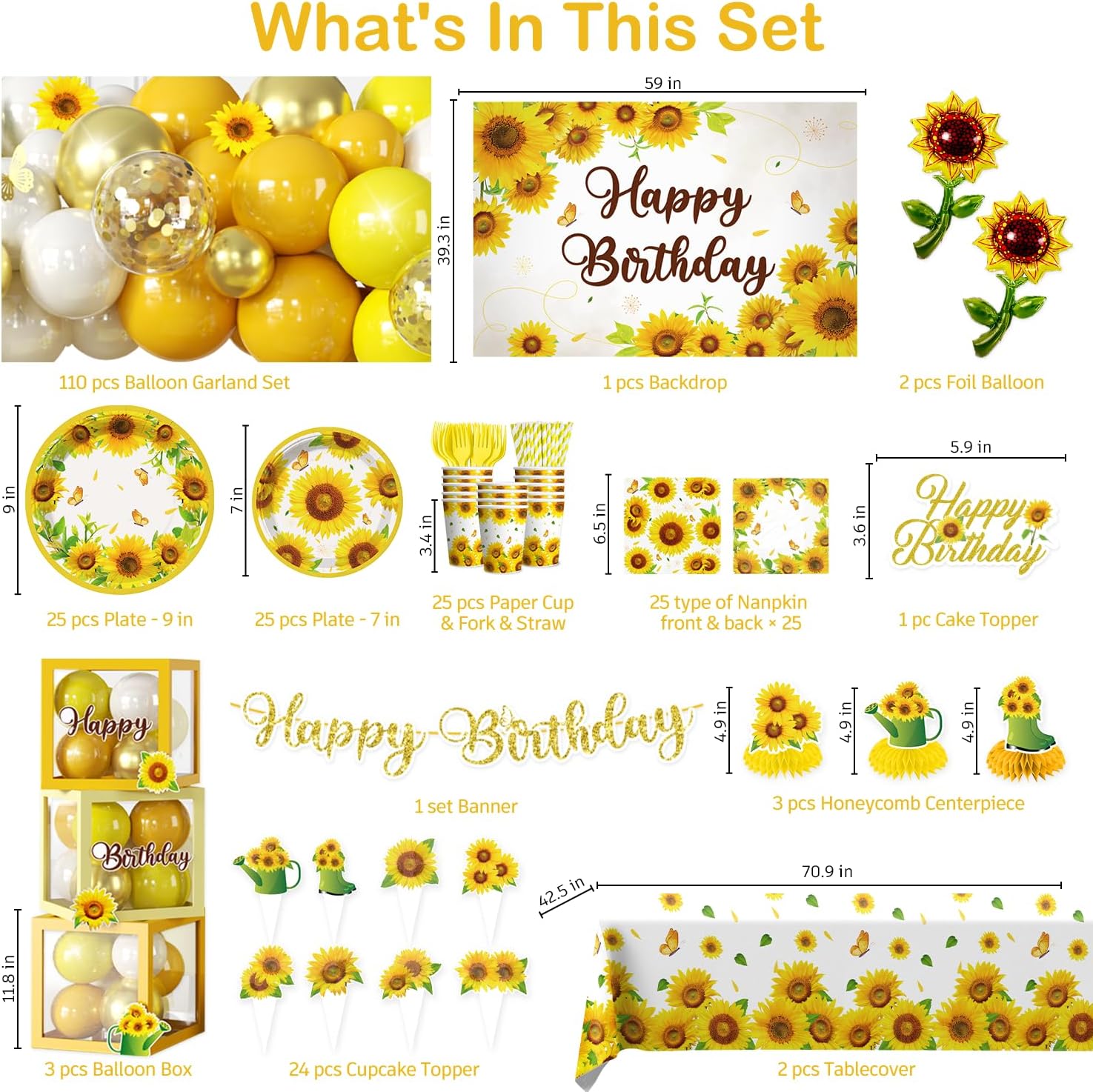 297pcs Sunflower Birthday Decorations-Serves 25, All-in-one Sunflower Party Decorations with 350gsm Plate, Backdrop, Tablecloth, Banner, Balloon, Balloon Box, Centerpiece, Cake Topper, Etc