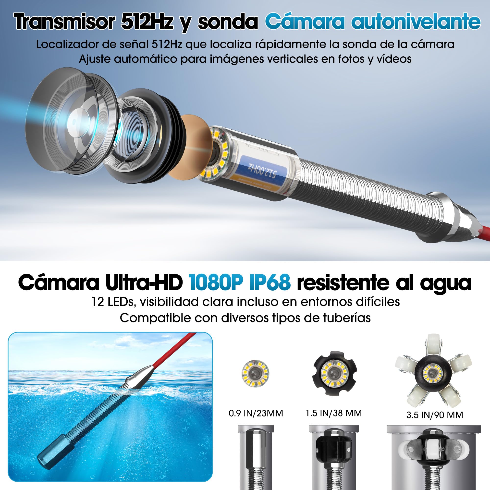 Camara Inspeccion Tuberias con Localizador de 512 Hz, Pantalla Táctil de 10.1 Pulgadas 1080P, Camara Tuberias con Autonivelación y Transmisor, Cámara de Inspección con Grabador de Audio