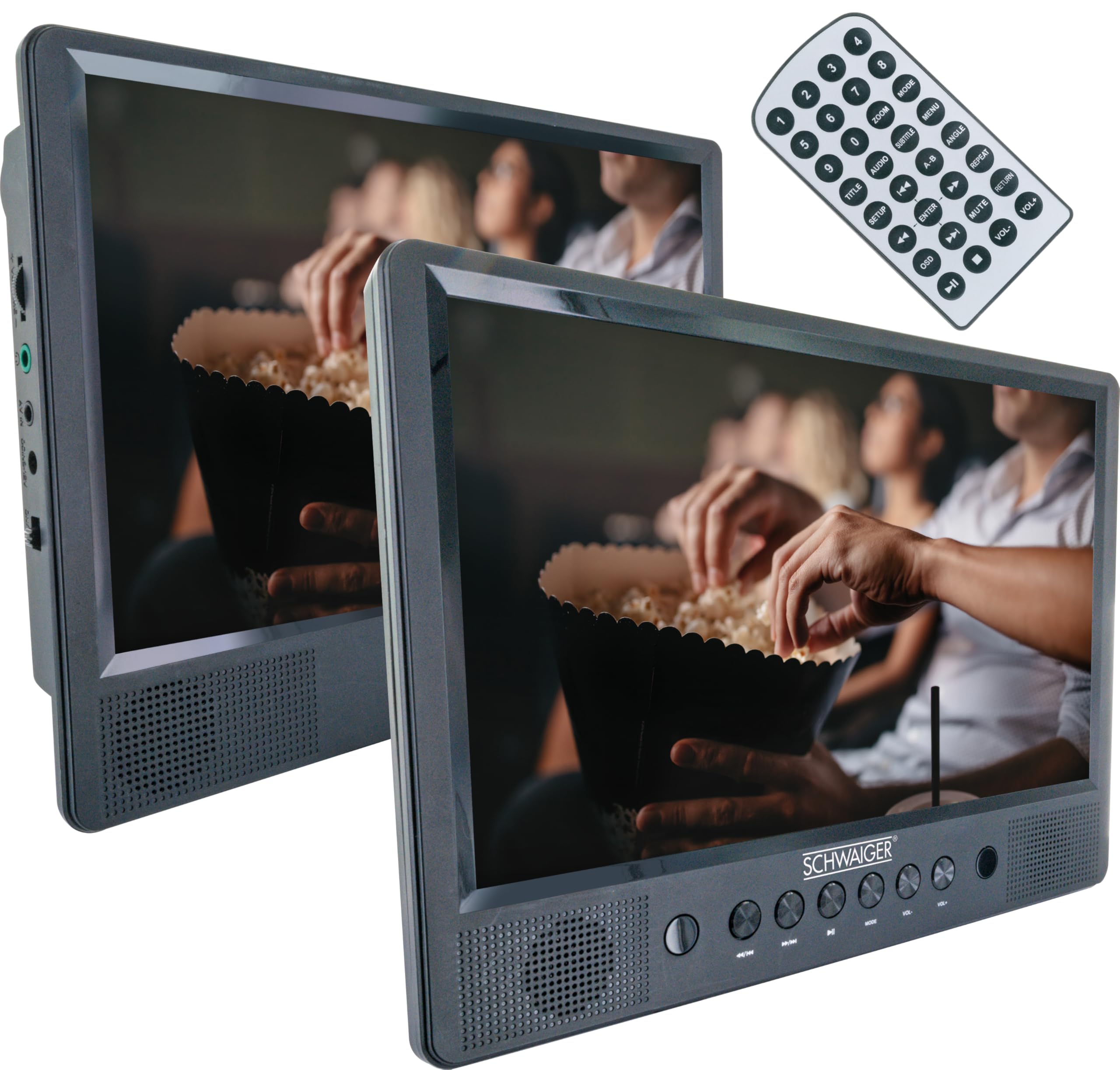 SCHWAIGER Reproductor DVD portátil 2 pantallas con batería mando a distancia ranura SD USB soporte coche