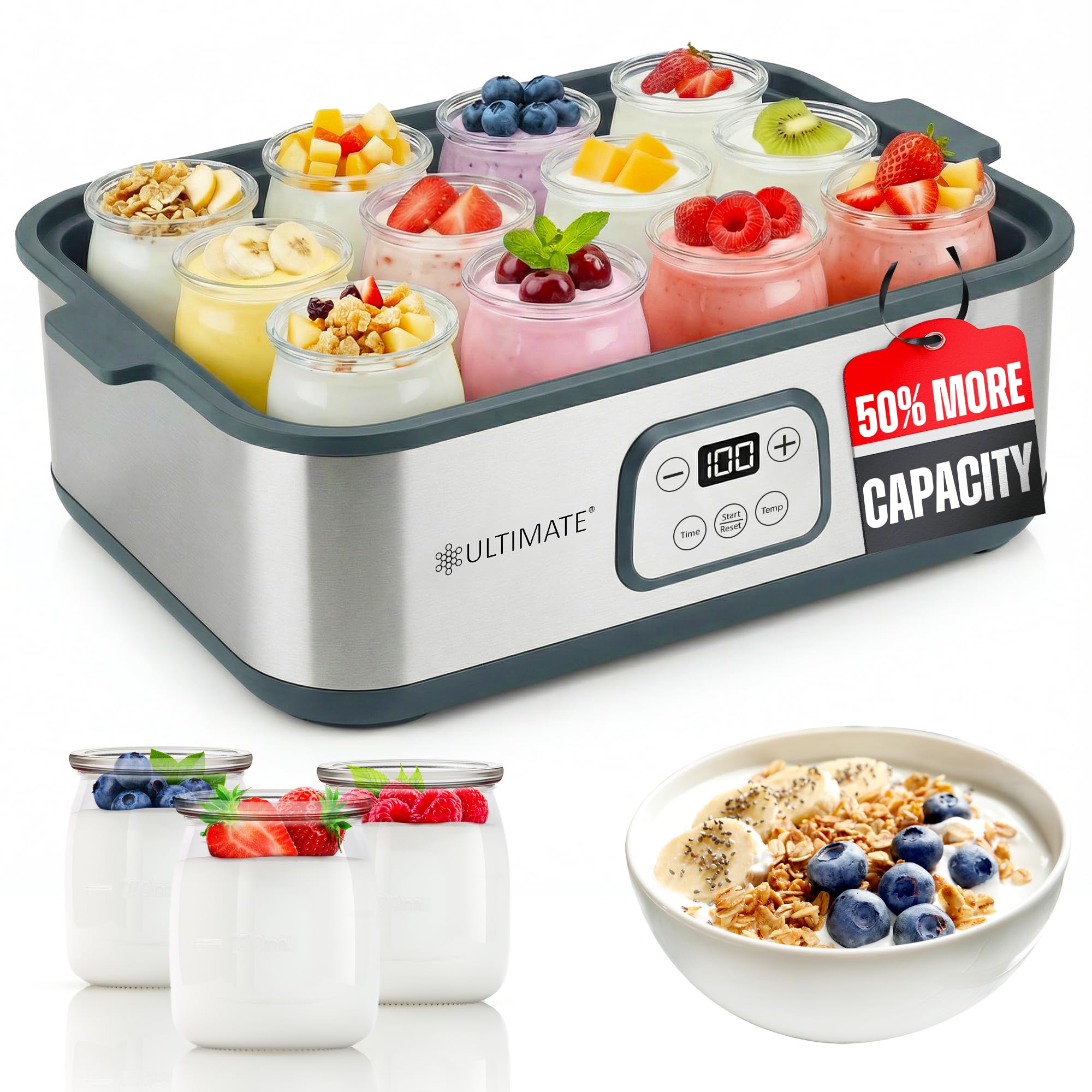 Probiotic Yogurt Maker XL Bundle with 20 Glass Jars – Adjustable Time & Temperature Control – 50% More Capacity – BPA Free Airtight Yogurt Cups – Make Trillions of Live Probiotics at Home