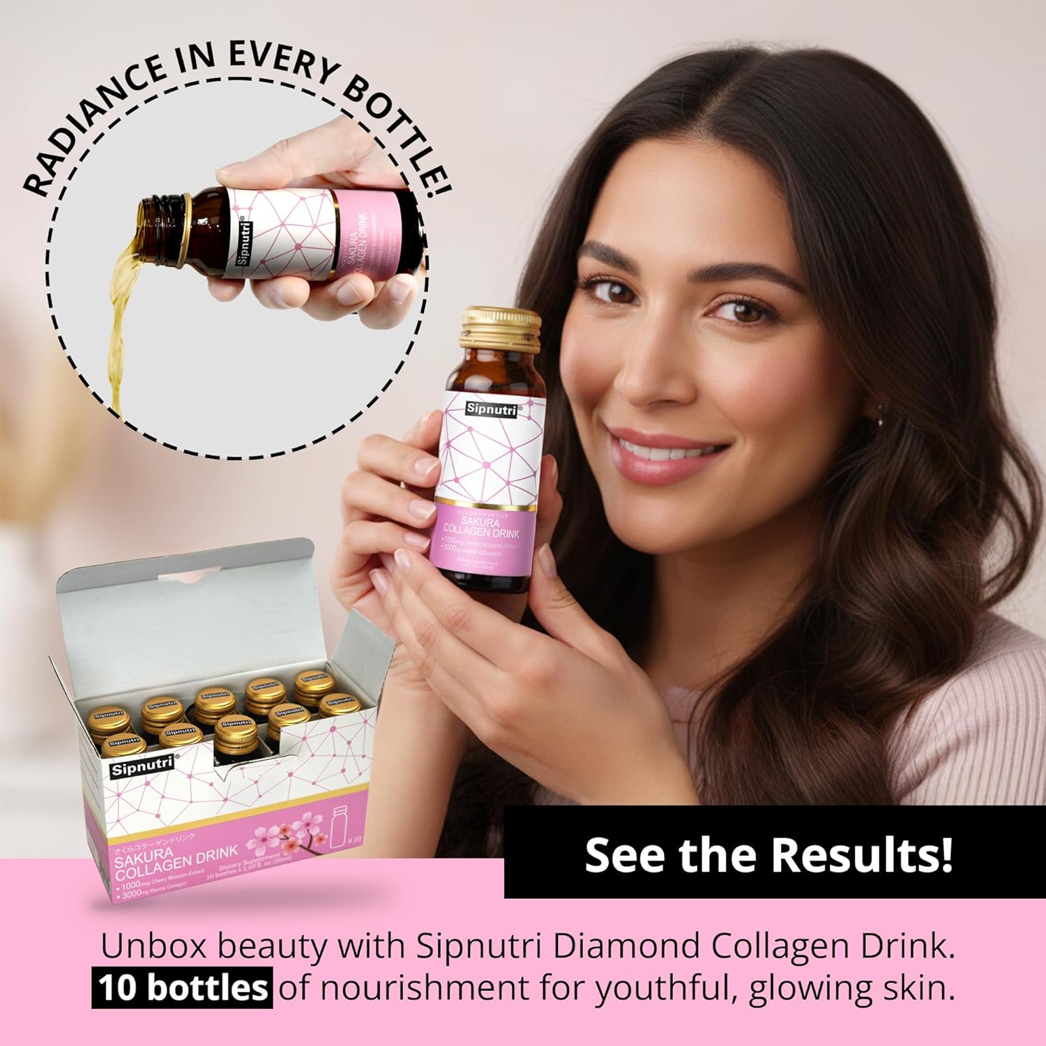 Sakura Collagen Drink - 3000mg Marine Peptides Liquid Shot for Women and Men, Hydrolyzed with Cherry Blossom & Mangosteen Extract, Supports Skin Hydration, Hair & Nail Health – 1.69 fl oz x10 - Image 5