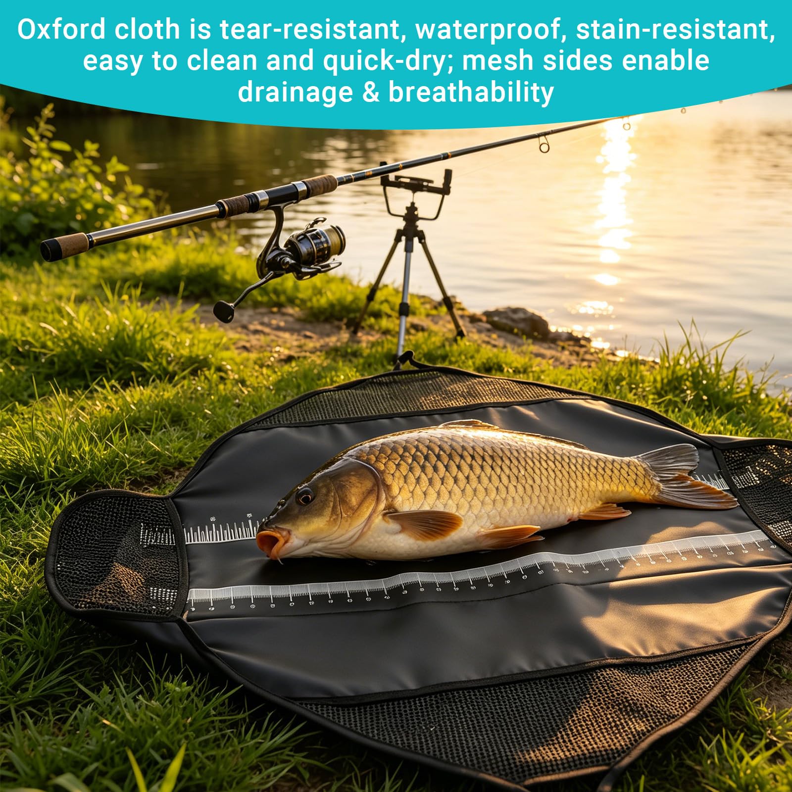 Abhakmatte Angeln mit Maßband 120x65cm, Abhakmatte Raubfisch mit Griffen für Transport & Waage, Leicht zusammenrollbar & wasserdicht, Kantenschutz für Raubfische
