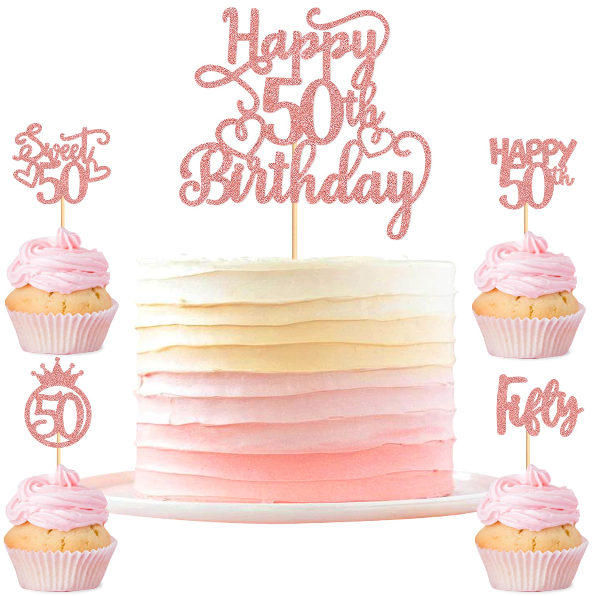 Blumomon 25PCS Rose Gold 50th Birthday Cake Toppers Glitter Fifty Happy 50th Number 50 Cupcake Picks for Cheers to 50 Years 50th Birthday Wedding Anniversary Party Decorations Supplies