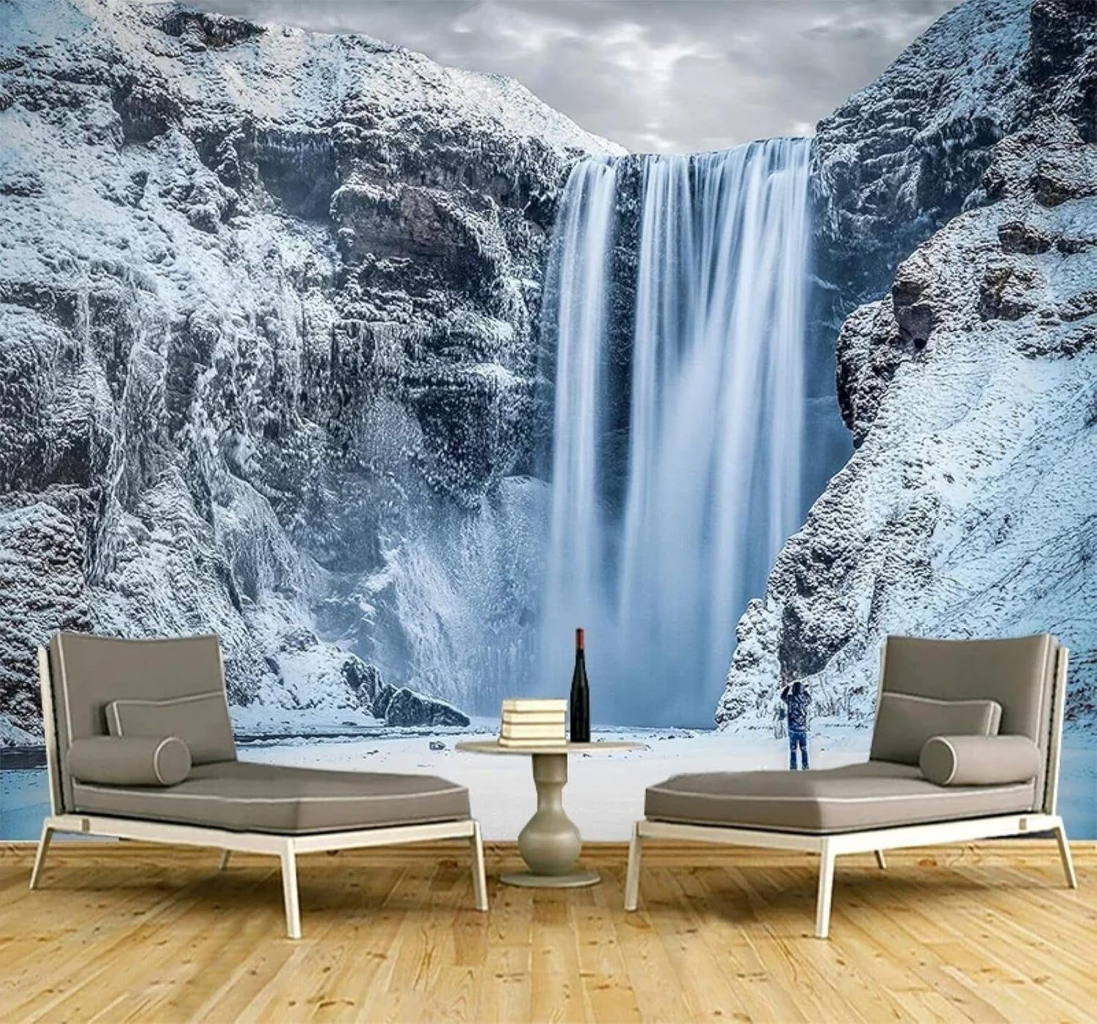 XLMING Beautiful Winter Snow Capped Mountains Waterfall Natural Scenery 3D Wallpaper Silky Texture Home Study Office Grey Dining Room Sofa Bedroom Living Room TV Backdrop-200cm×140cm