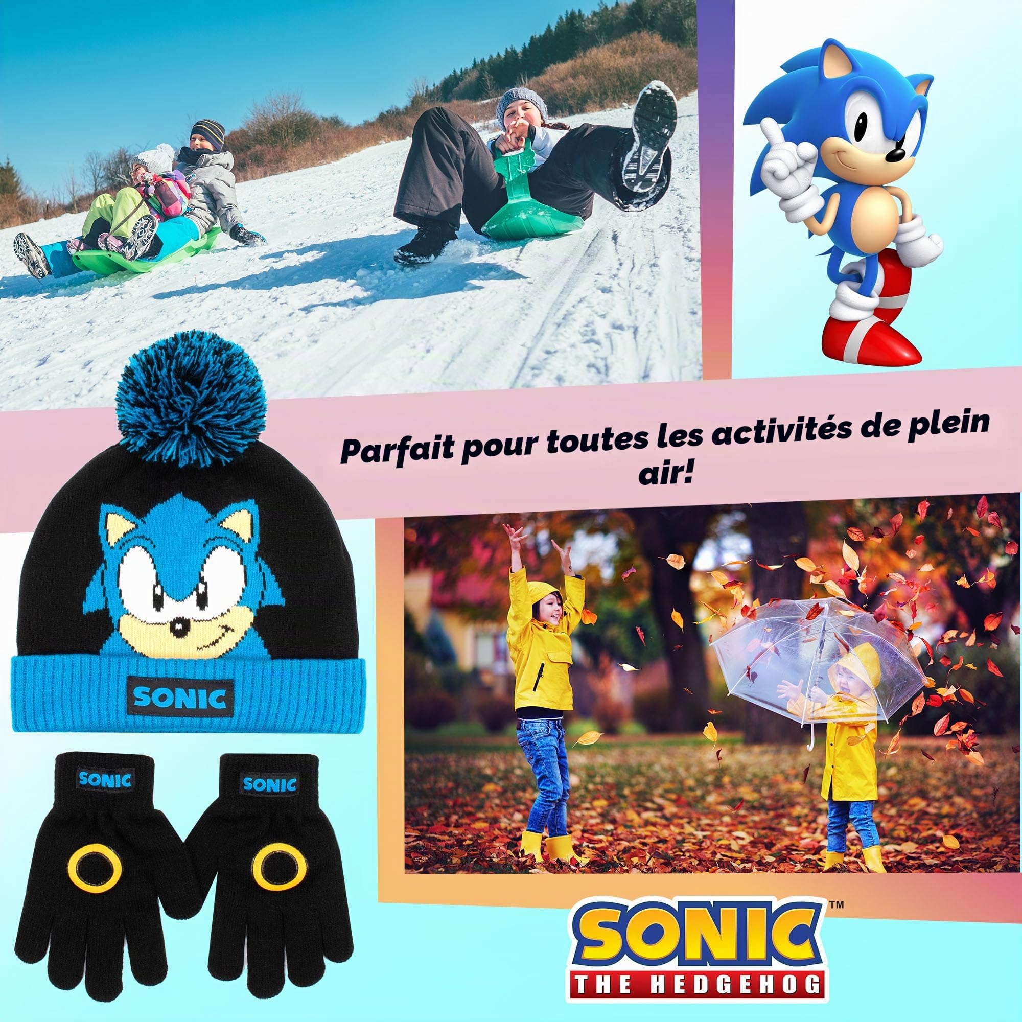 SONIC THE HEDGEHOG Ensemble bonnet et gants d'hiver pour garçons – Bonnet et gants chauds et confortables – Parfait pour les enfants âgés de 6 à 12 ans