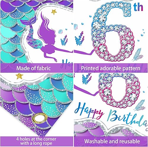Miniatura 6 de Cartel de sirena para 6 cumpleaños para niñas, decoración con temática de sirenita de feliz 6 cumpleaños, suministros de fiesta, bajo el mar de 6