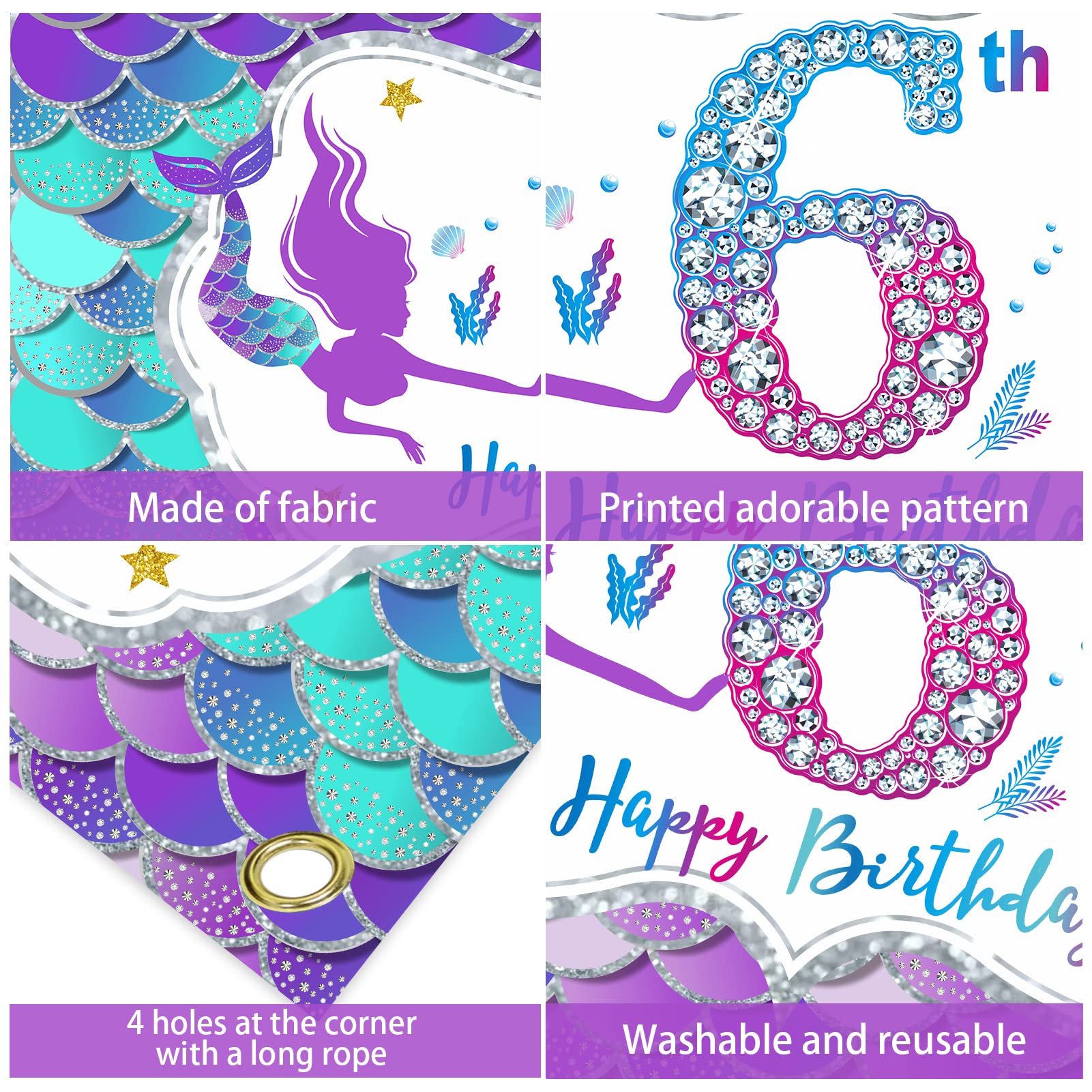 Mermaid 6th Birthday Decorations – Number 6 Sign, Starfish Banner, Photo Props, Ocean Party Decor For Girls