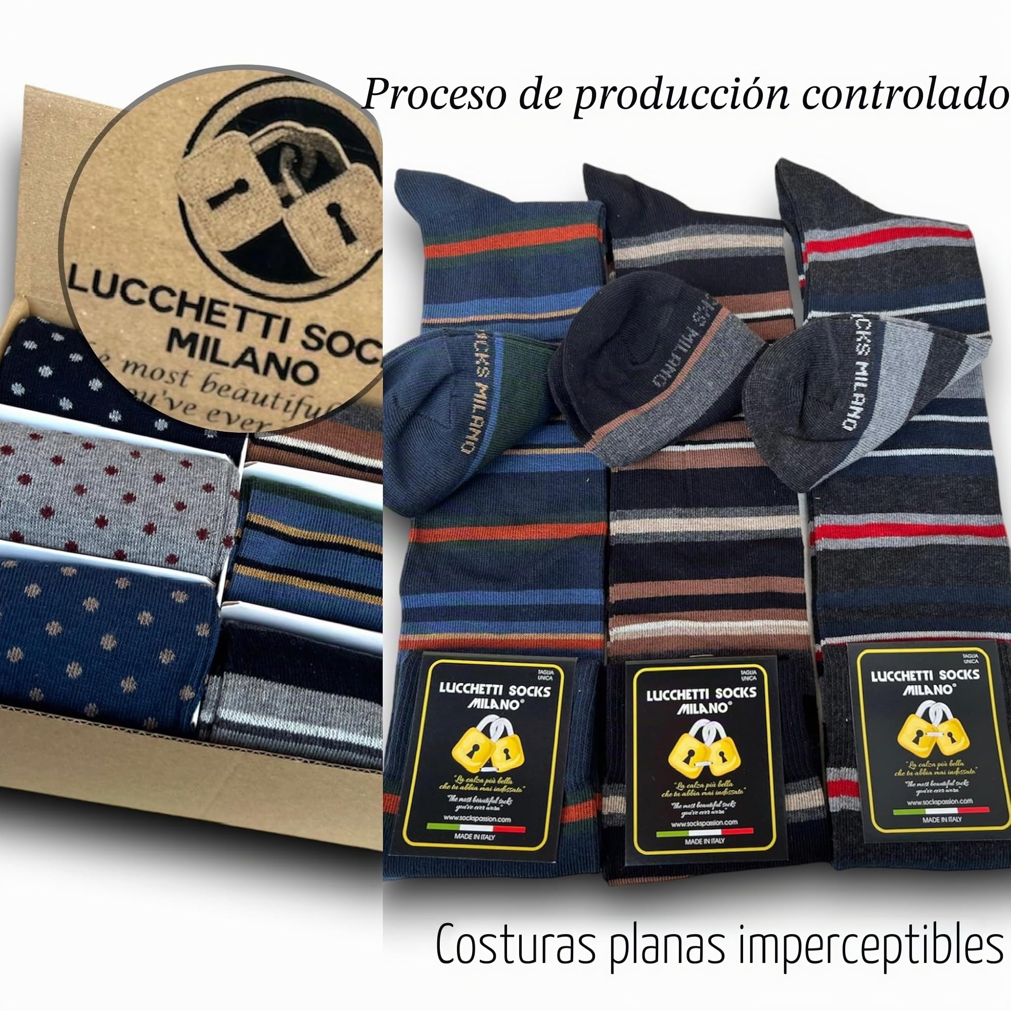Lucchetti Socks Milano Set de 6 pares de calcetines largos de algodón cálidos para hombre de colores de tendencia estampados de lunares de moda Made in Italy