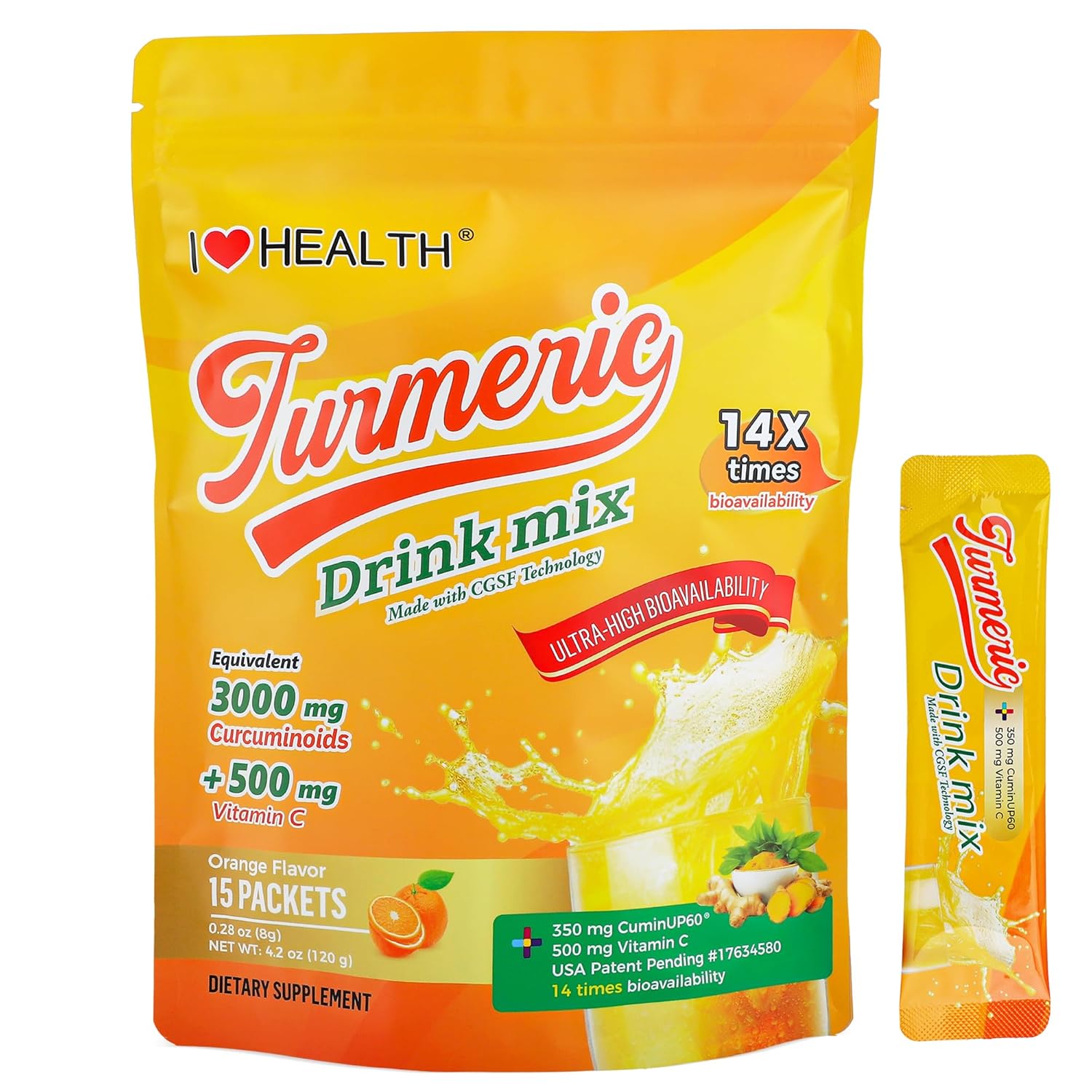 Turmeric Shot Drink Mix – 3000mg Curcuminoids with 14X Bioavailable CuminUP60® (Patent Pending) & Vitamin C – Sugar-Free, Vegan – Joint & Immune Support – 15 Instant Packets