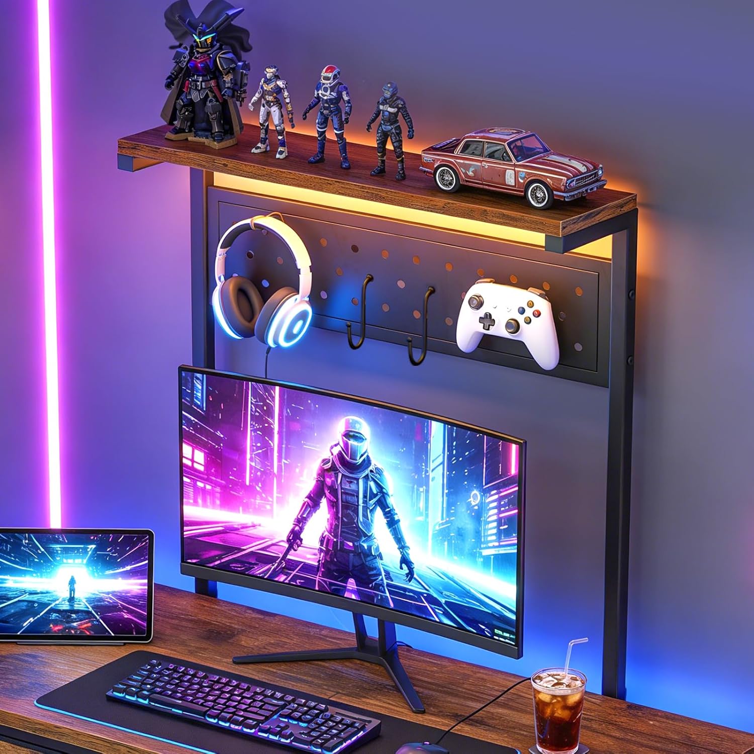 Mobile Gaming Computer Desk with LED Lights & Charging Station, 39.4" Rolling Office Desk with Removable Hutch & Wheels, Portable Desk with Drawers & Storage Shelves for Home Office, Rustic Brown
