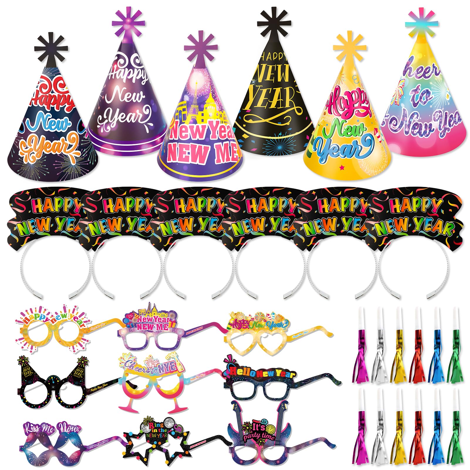 HOWAF New Years Eve Party Supplies -42pcs Happy New Year Cone Hats Fringed Noisemaker Headpieces Paper Eyeglasses for 2026 New Year Eve Party