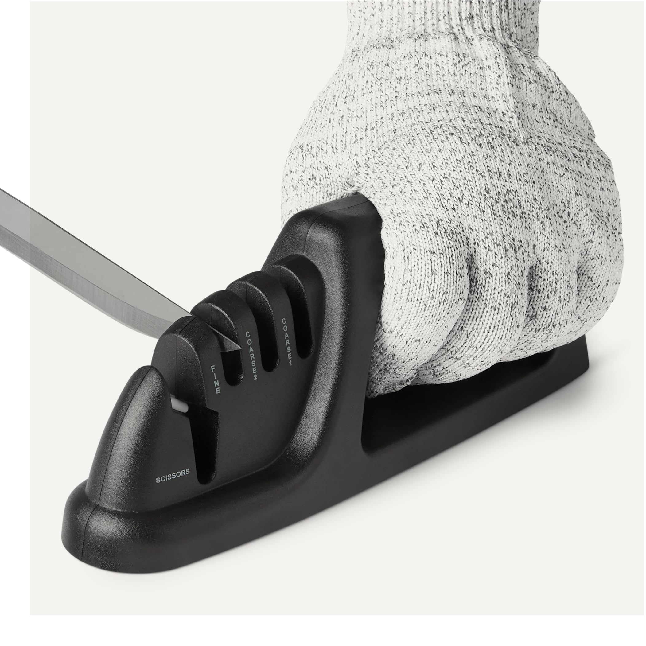 Amazon Basics Afilador de Cuchillos 4 en 1, Base Antideslizante, Incluye Guante de Seguridad