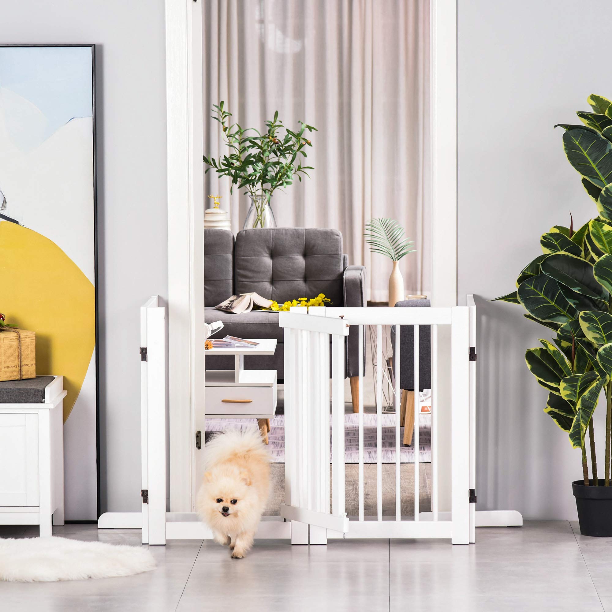 PawHut Barrera de Seguridad Perros de Madera Plegable 204x36x75 cm Blanco | para Escaleras y Puertas, Valla para Perros Pequeños y Medianos, 4 Paneles, con Soporte de Pie, para Interiores