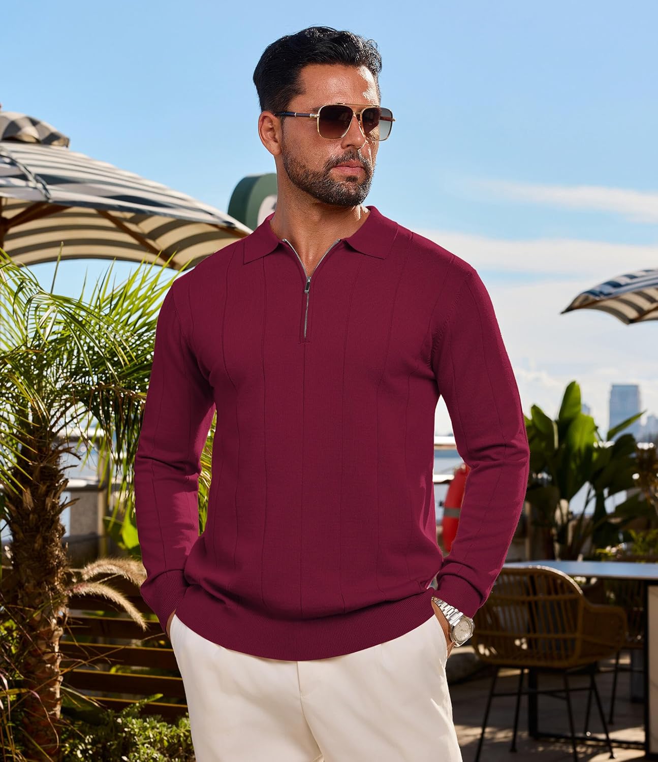 Lexiart Mens Knit Polo Shirts Long Sleeve Quarter Zip Polo Casual Fashion Slim Fit Golf Shirts - Image 3